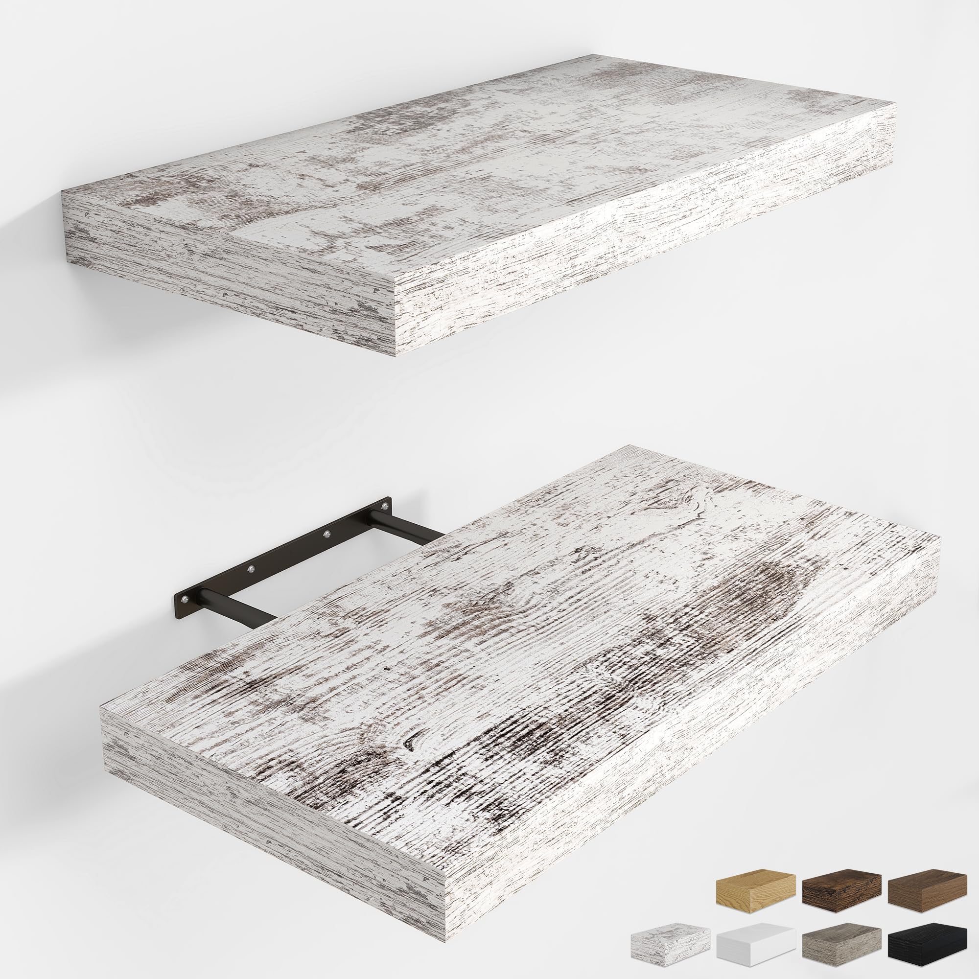 RICHFOCUS 16Inch Floating Shelves for Wall 2 Pack Shelves for Bedroom|Kitchen|Bathroom Wall Mounted Rustic Distressed Wood Floating Shelf with