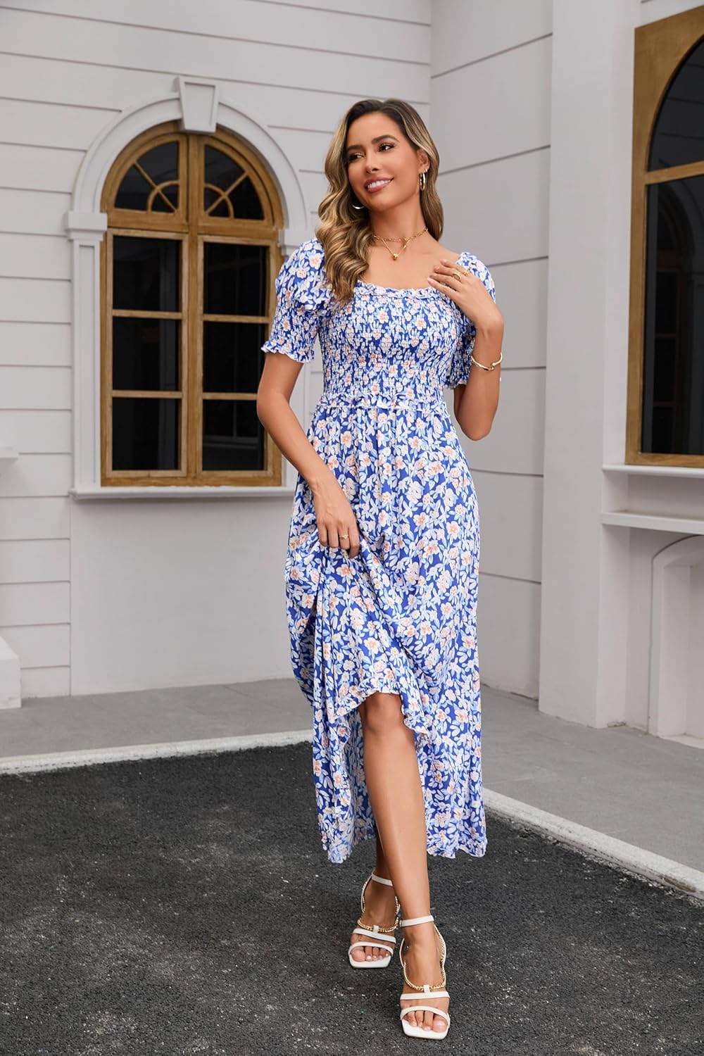 Women's Casual Summer Maxi Dresses Short Sleeve Floral Strapless Dress A Line Boho Ruffle Long Dresses - Image 4