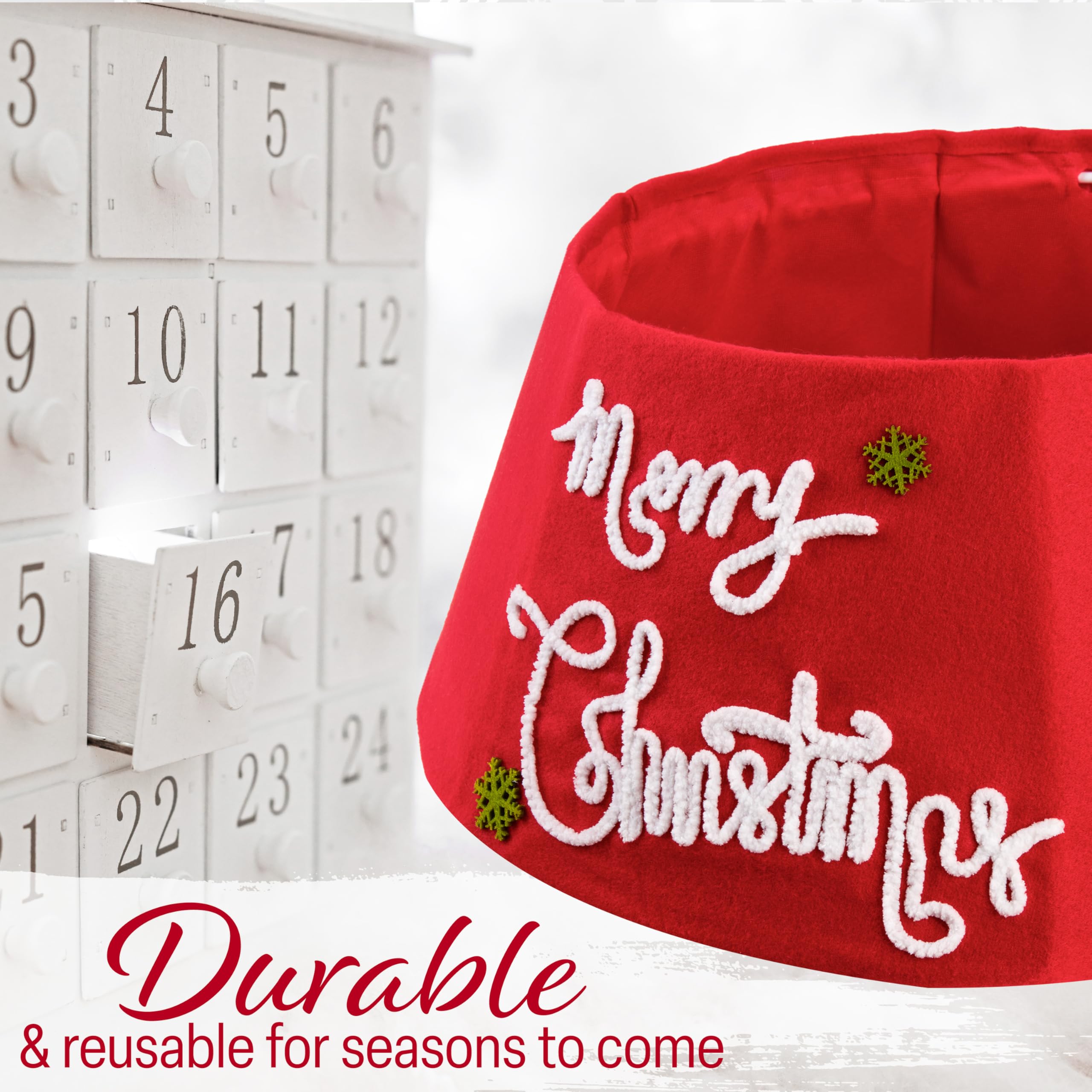 DECO EXPRESS Gonna Albero di Natale, Rosso Allegro Copri Base Albero Diverte, Scintillante Collar per Decorazioni Natalizie per Xmas Festa 42x24 cm (Rosso Merry, Top 42cm/Base 56cm)