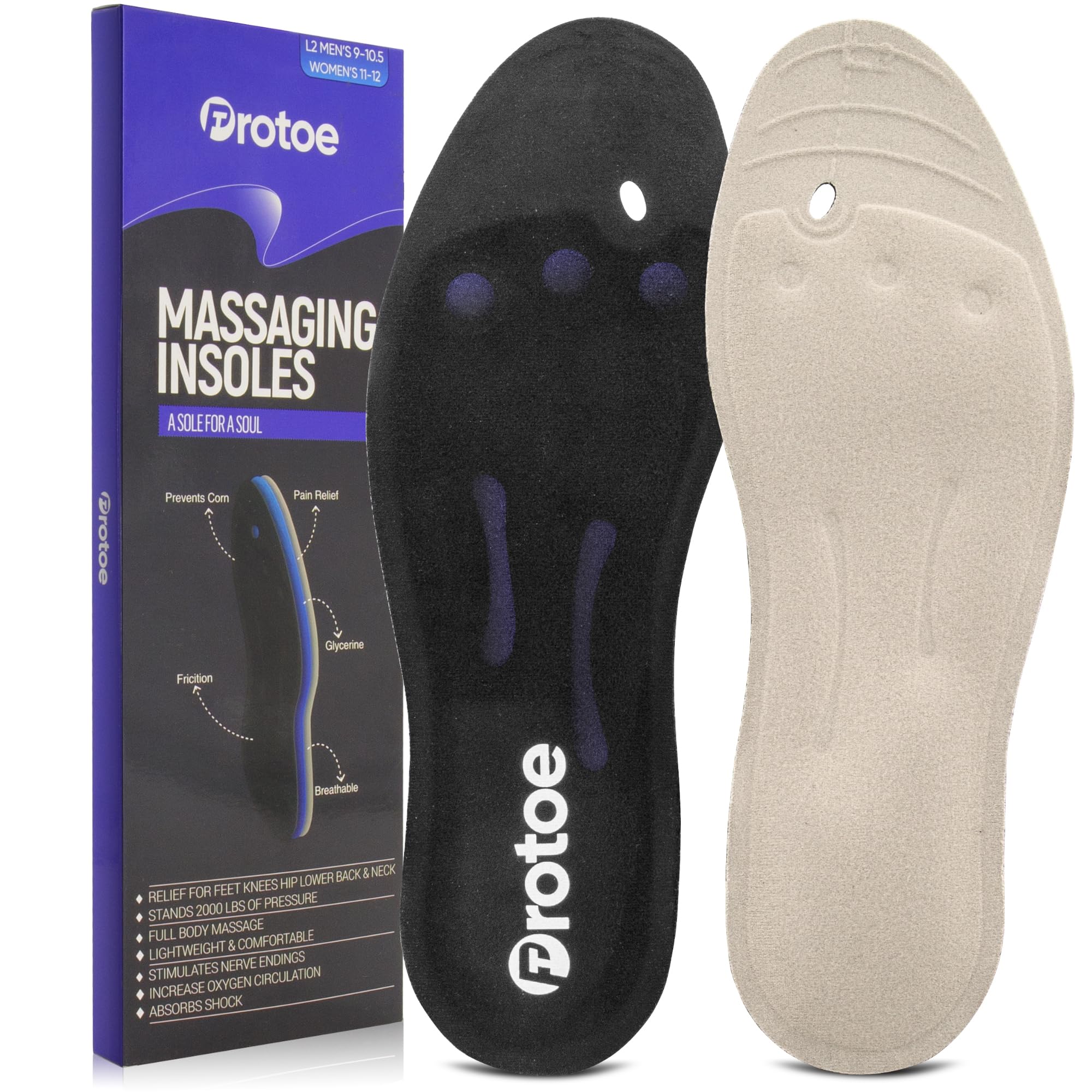 Protoe Massaging Insoles for Men and Women - Liquid Glycerin - Fits All Shoes - Adjustable for Sandals - Relief for Plantar Fasciitis, Heels Spurs,