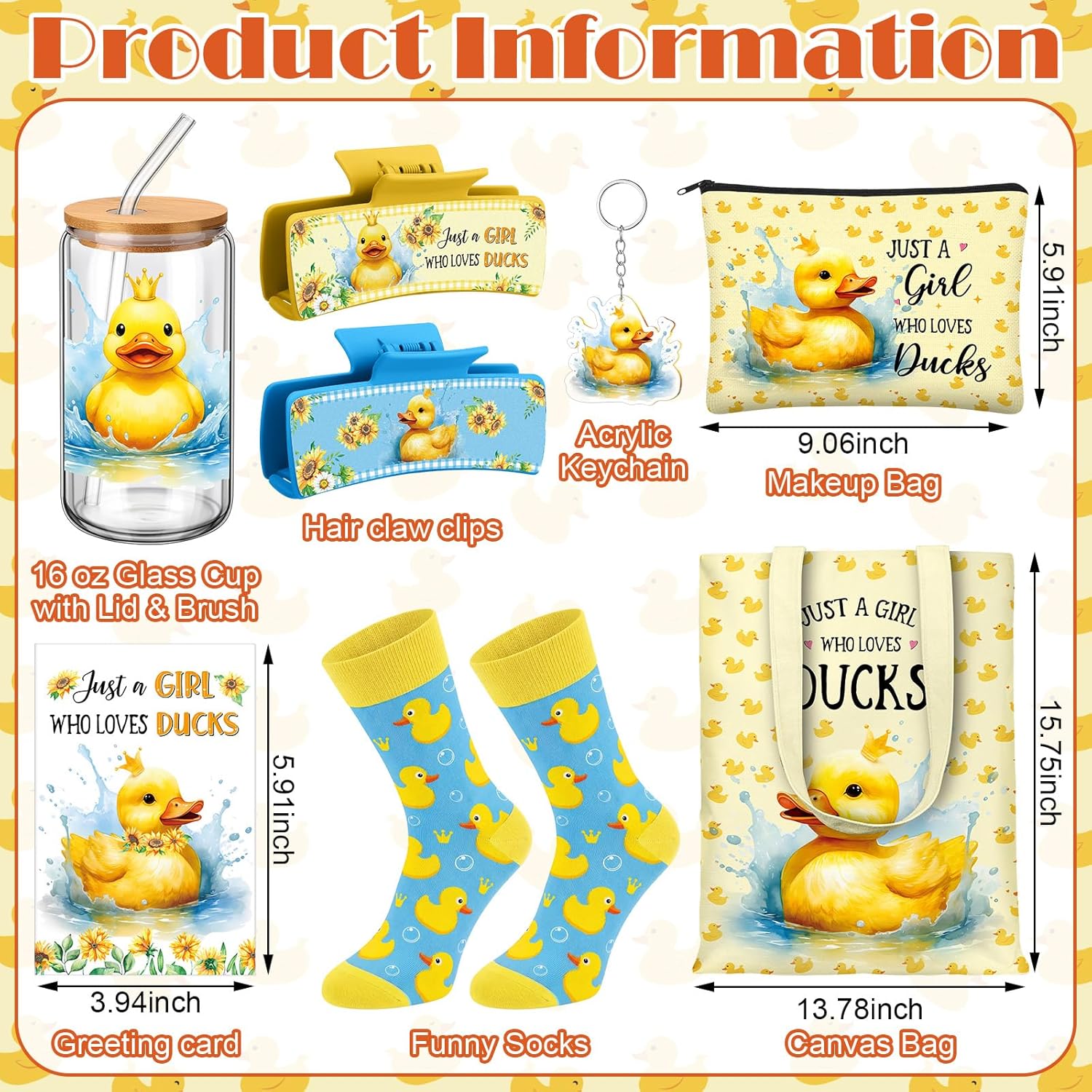Skylety 8 Pcs ducks Gifts for Women Include 16 oz Glass Cup with Lid and Straw, Canvas Tote Bag Keychain Hair Claw Clips Socks Card Girl Toiletry Bag Lover for ducks Lover Summer