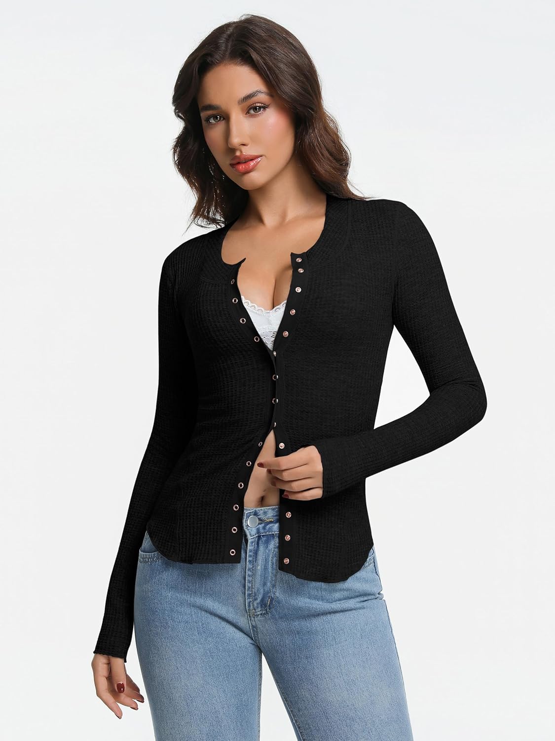 Womens Cardigan Lightweight Waffle Knit Long Sleeve Button Down Shirts Fitted Going Out Tops - Image 3