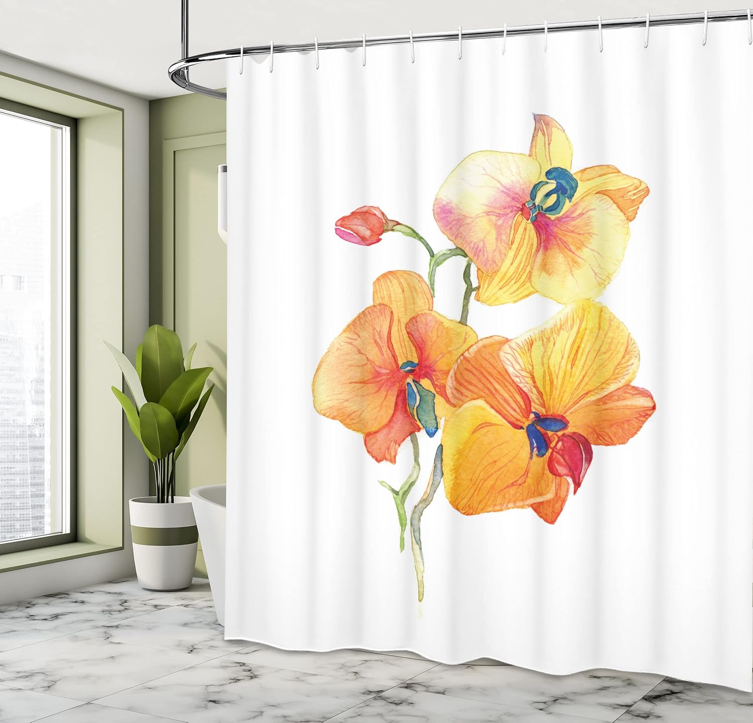 Ambesonne Floral Shower Curtain, Orchid Petals Wild Flower Exotic Fragrance Pure Florets Watercolor Tribal, Cloth Fabric Bathroom Decor Set with Hooks, 69" W x 70" L, Red Yellow Marigold