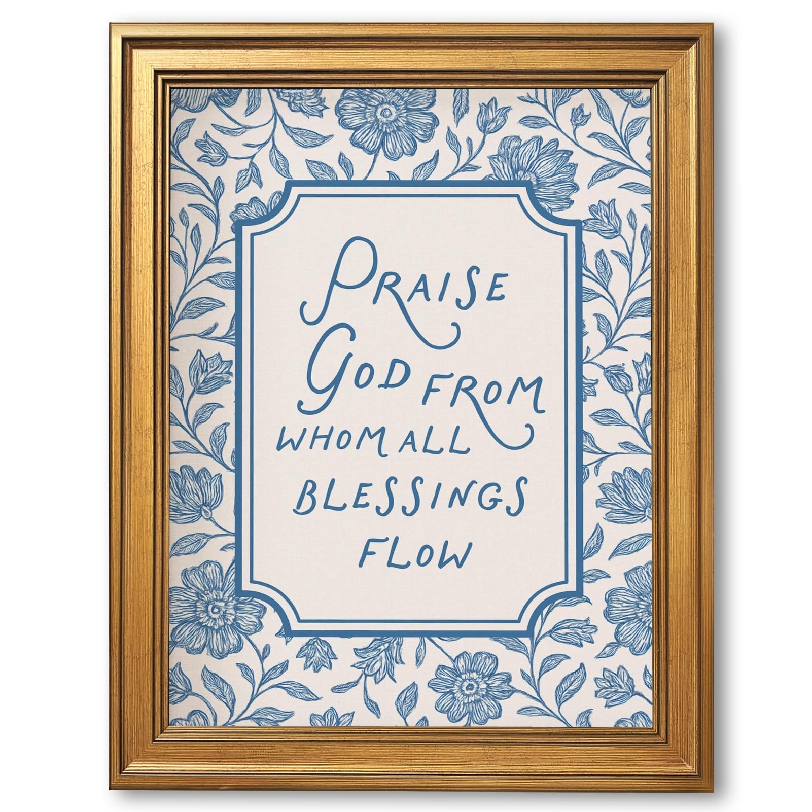 framed vintage christian wall art praise god from whom all blessings flow poster light blue floral scripture print retro bible verse canvas painting for home faith based decor 12x16inch
