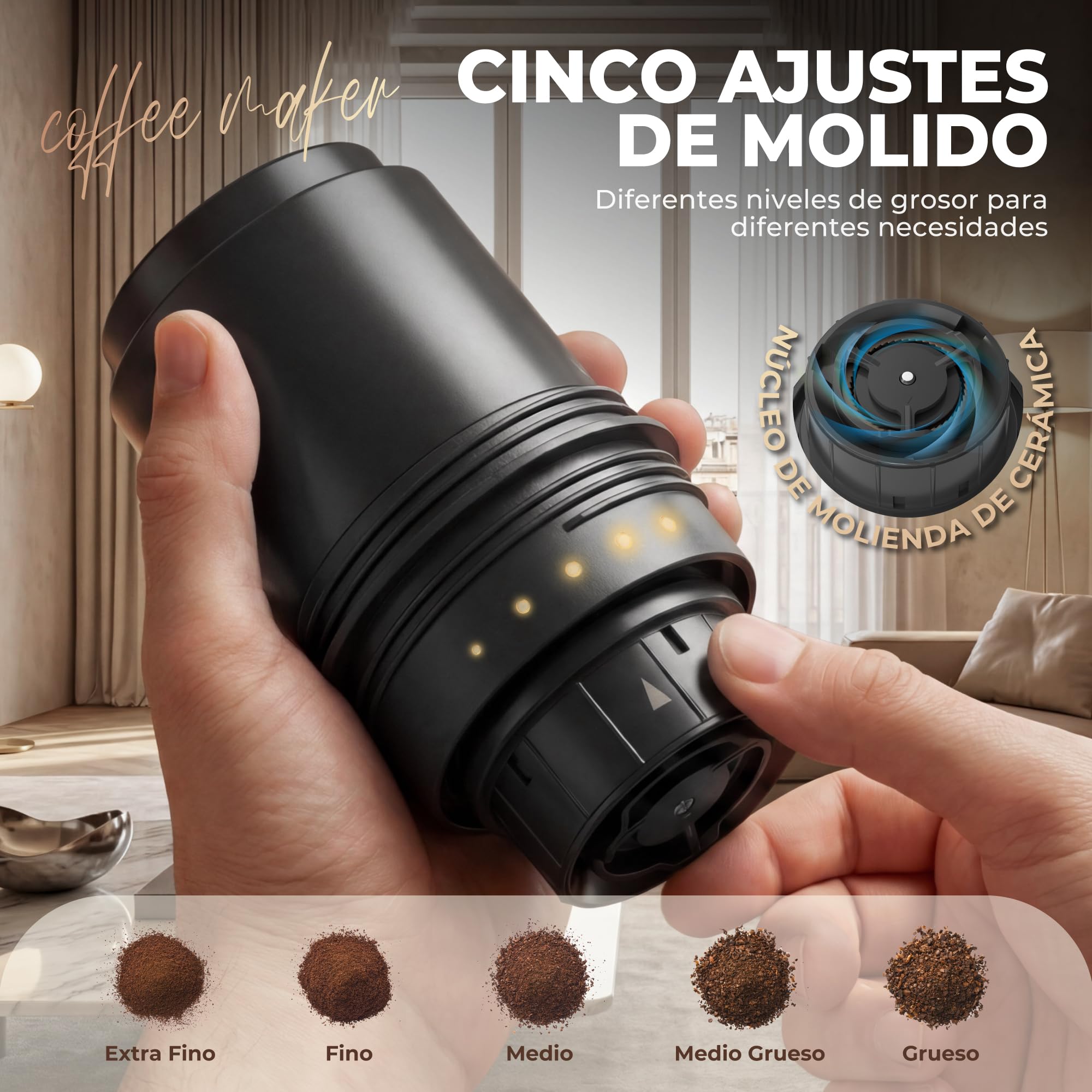 HAUSHOF Molinillo de Café Eléctrico Portátil Inalámbrico con Taza Térmica Doble 700ml, 5 Niveles de Molienda Ajustable, Cafetera Vertido Todo en Uno para Camping, Outdoor Viaje, RV y Oficina