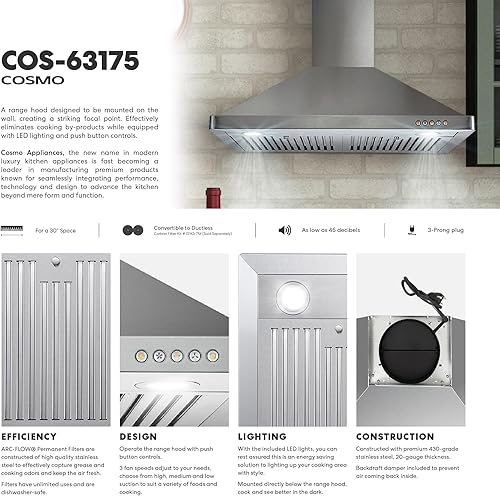 Miniatura 4 de COSMO 63175 Campana extractora de pared de 30 pulgadas con flujo de aire eficiente, canalizado, ventilador de 3 velocidades, filtros permanentes,