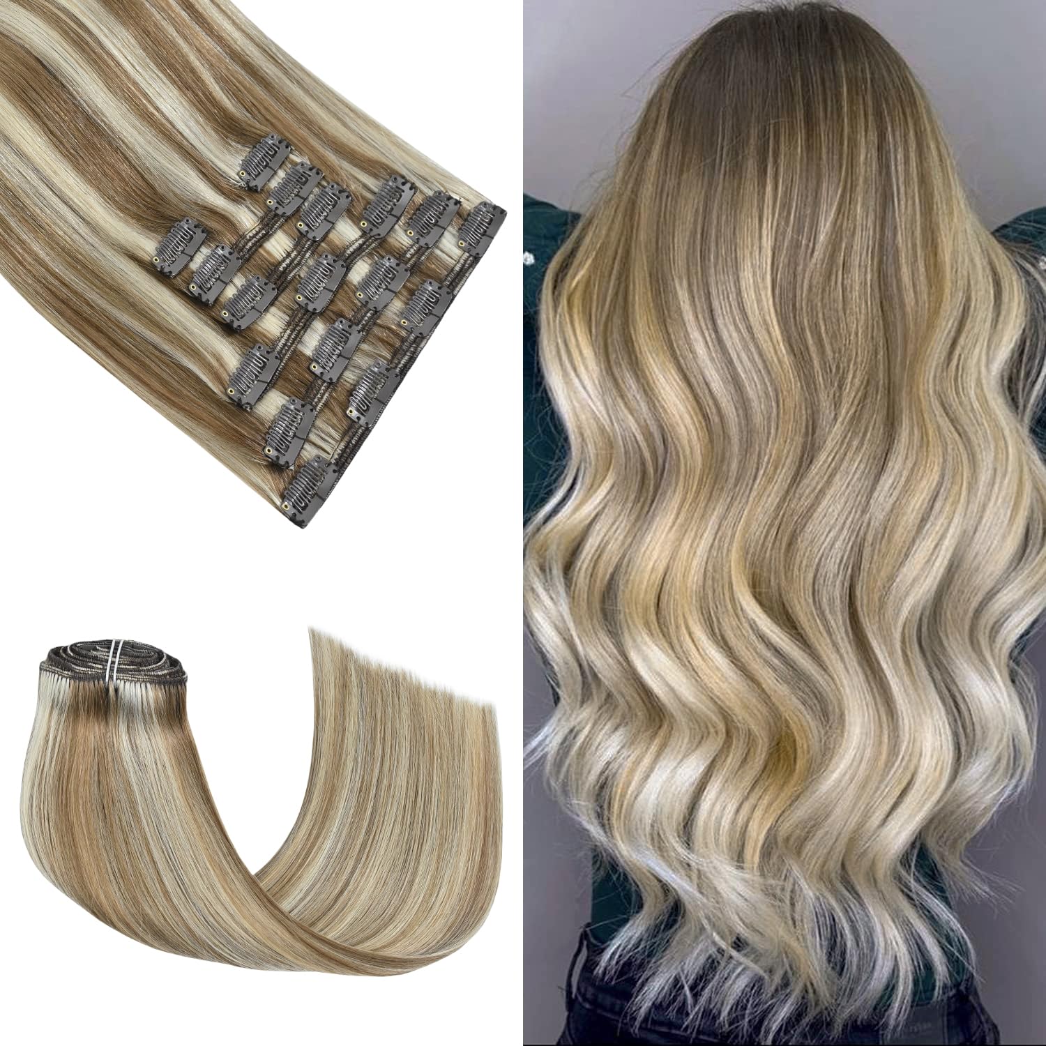 Honsoo Extension di veri capelli umani con clip, da biondo sporco a biondo platino, 35,6 cm, 120 g, 7 pezzi, lisci come i tuoi capelli