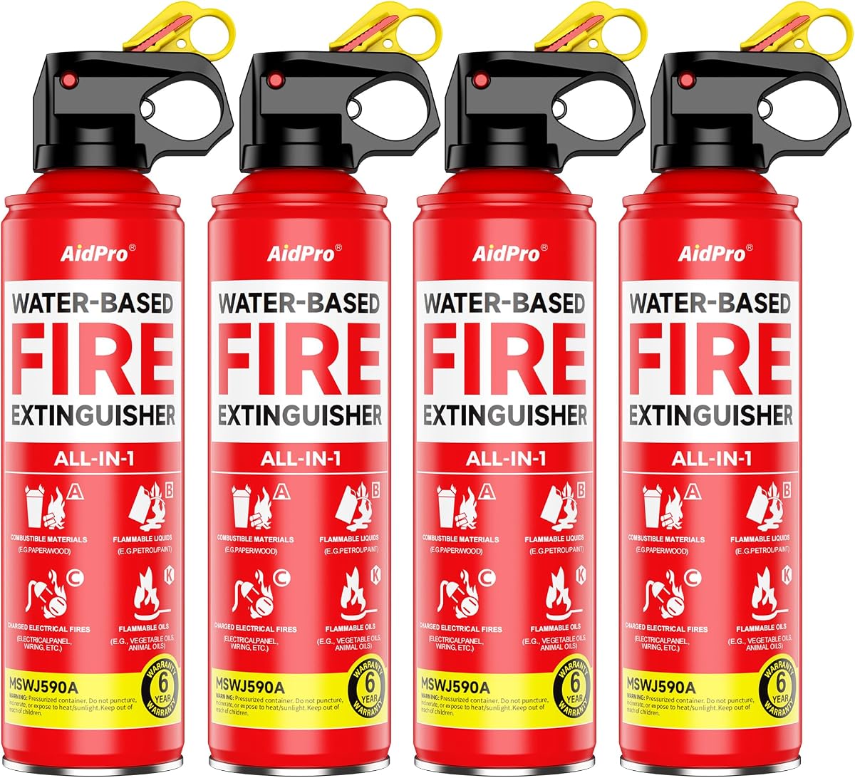 Extintor de incendios para el hogar y el automóvil, paquete de 4, protección certificada multiusos A/B/C/K, diseño compacto portátil, protección multipunto para todo el hogar, incluye soportes de montaje.