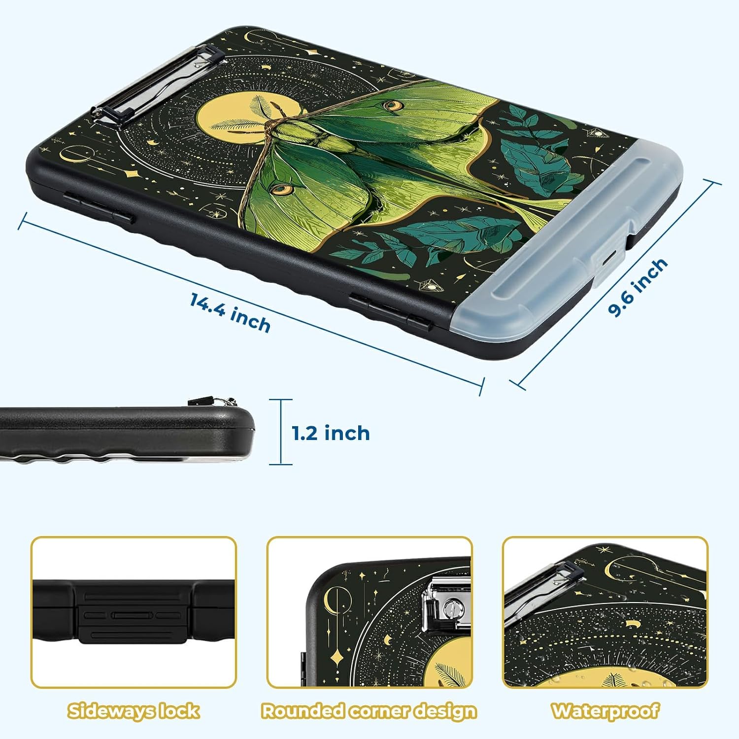 Nursing Clipboard with Storage, Side Opening Plastic Clipboard with Pen Holder and Low Profile Clip,Moon-Insects Design for Nurses, Teachers