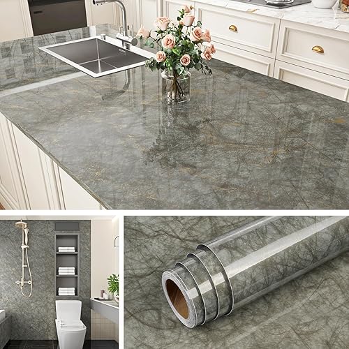 Livelynine 15.8x197 Laminate Countertop Contact Paper Green and Gold Marble Wallpaper Peel and Stick Countertops Kitchen Counter Top Covers Waterproof Backsplash Desk Wrap Vinyl Marble Table Cover