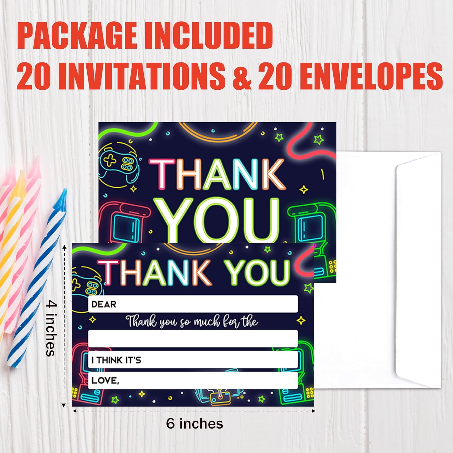 Video Game Thank You Cards, Neon Glow Arcade Thank You Notes For Birthday Party Baby Shower, Gamer Greeting Cards For Kids, 20 Pack Fill In Blank Thank You Cards With Envelopes, 12 - Image 2