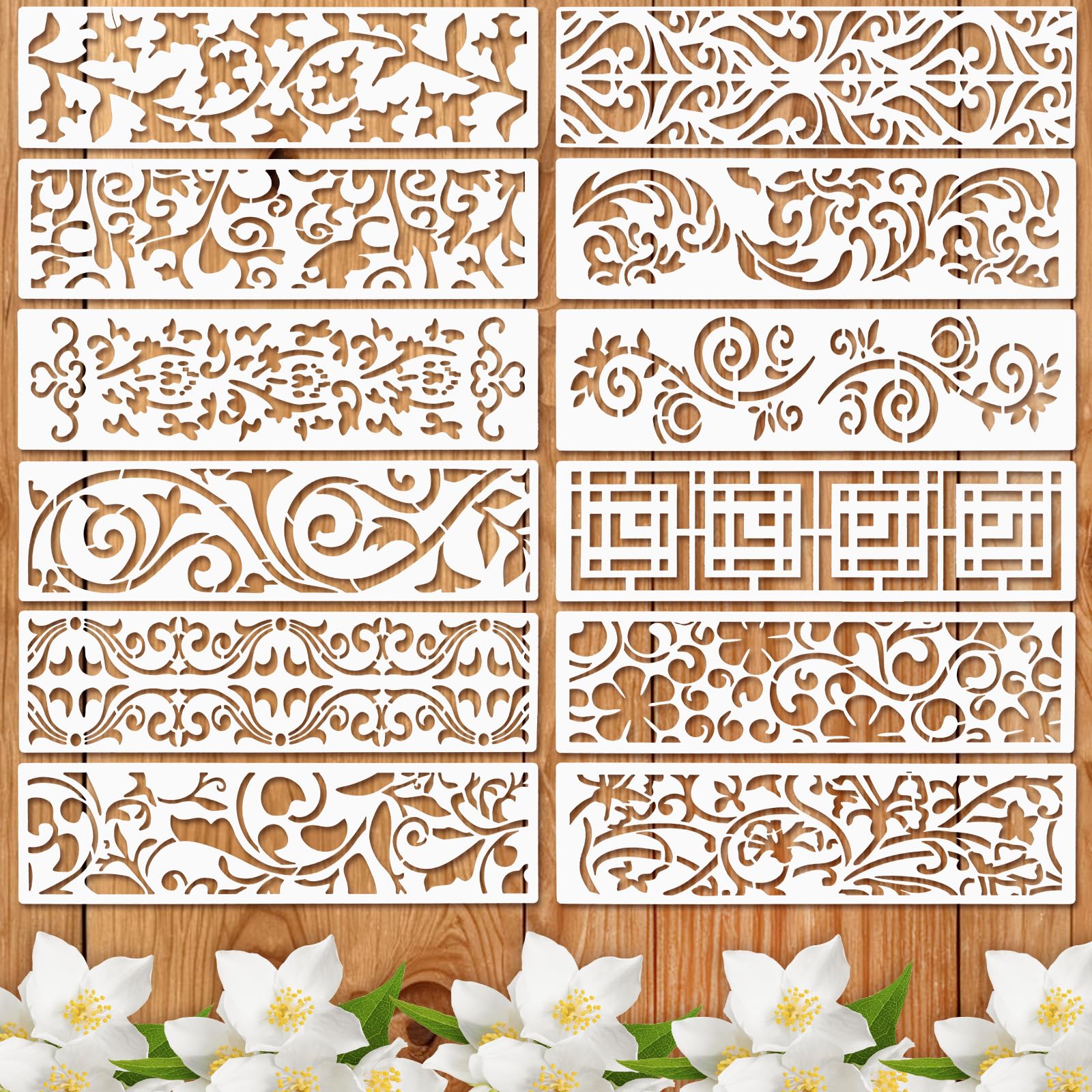 Photo 1 of 12 Pieces Border Stencils for Painting, Reusable Leaf Template for Painting, Furniture Cake Decorative Floral Stencils for Wall DIY Art Craft Canvas Fabric Wood Home Decor