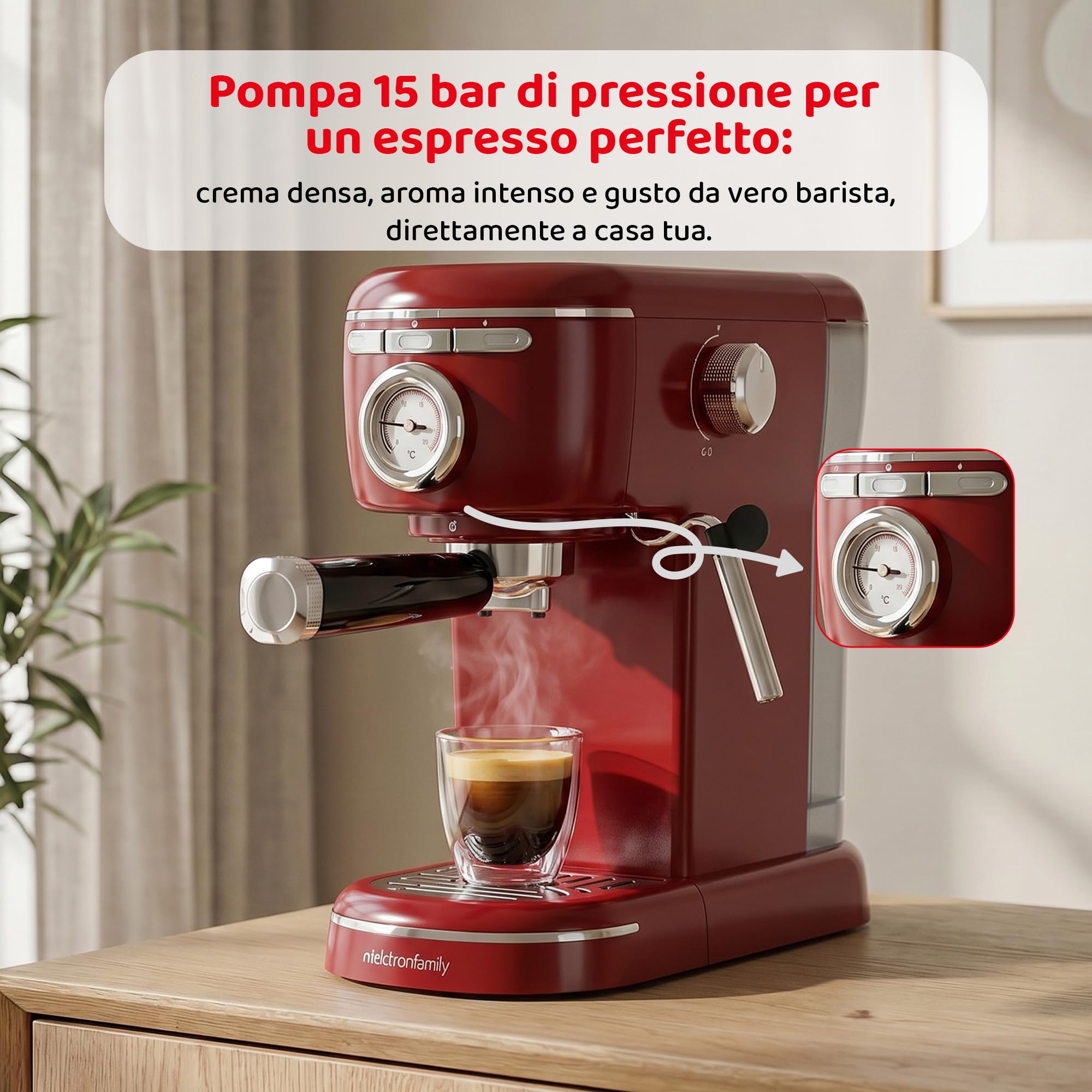 Melchioni Aromatica Plus ekspres do kawy 3 w 1, kompatybilny z kapsułkami Nespresso i kawą mieloną - ciśnienie 15 bar - 1100 W - zbiornik 1,2 l - wbudowany spieniacz do mleka - czerwony