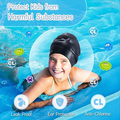 Miniatura 3 de EverSport Youth Large Swim Cap for Girls Kids 8+, Long Hair Silicone Swimming Cap for Braids Keep Hair Dry