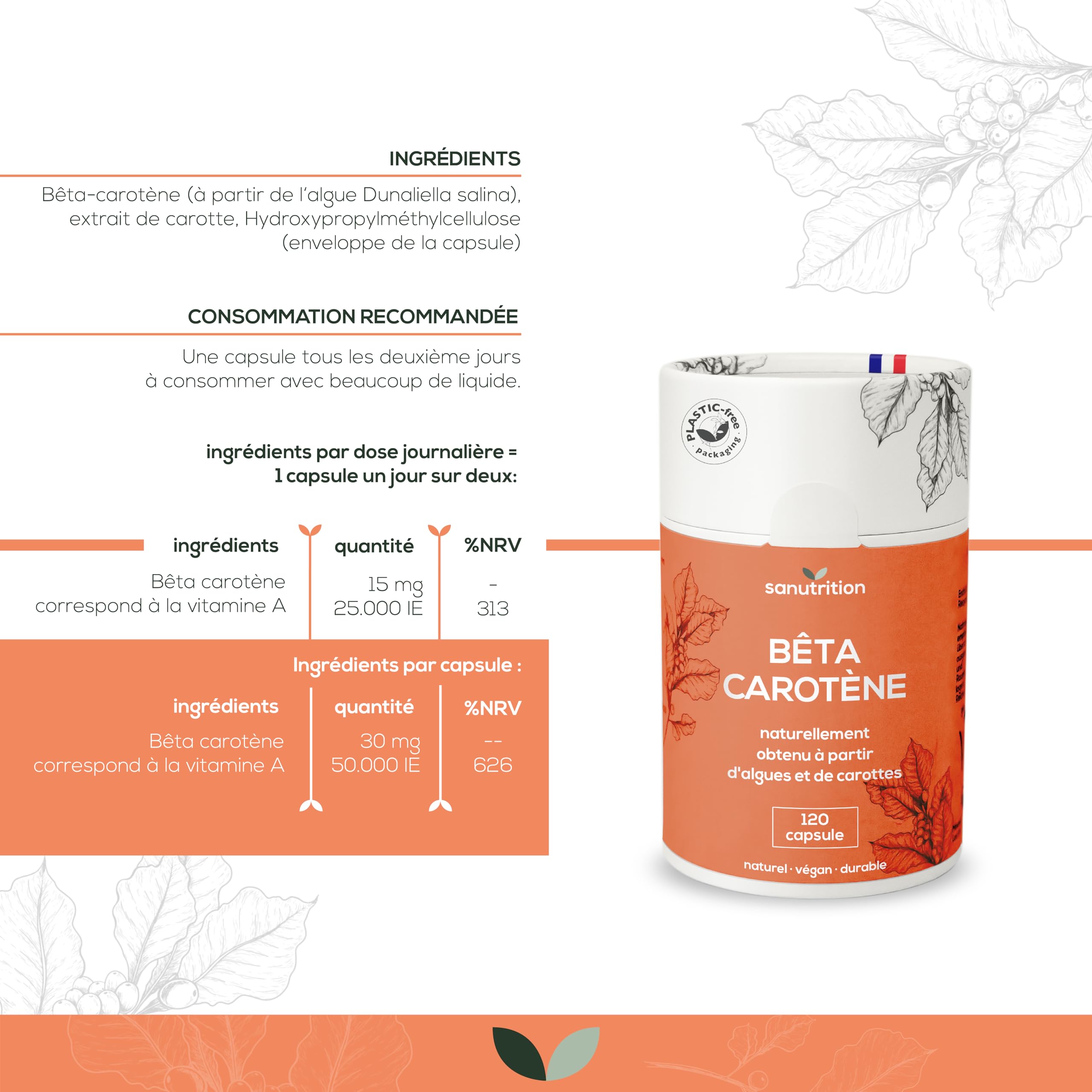 Beta Carotine d'algue 50.000 UI de vitamine A par gélule | 120 gélules | Hautement dosé | à base d'algue Dunaliella salina et d'extrait de carotte | Végétalien