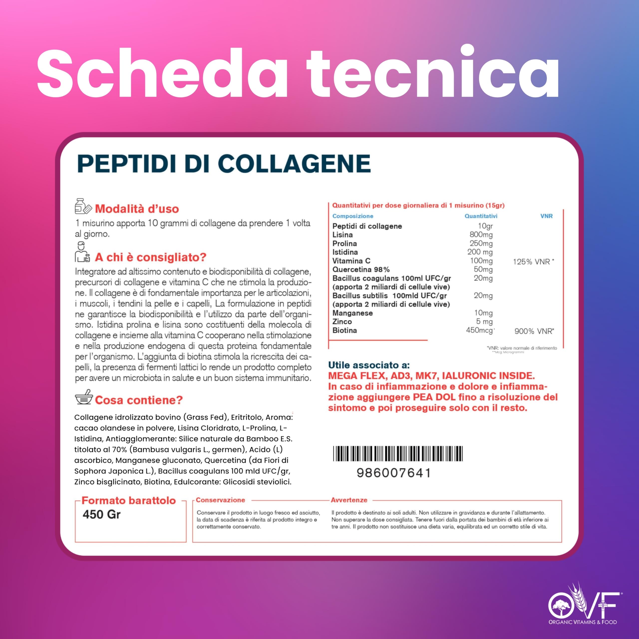 OVF Peptidi di Collagene Idrolizzato (grass Fed) - Supporto Articolazioni e Pelle - Integratore 450g Collagene Puro con Biotina, Quercetina, Vitamina C e Zinco - Made in Italy