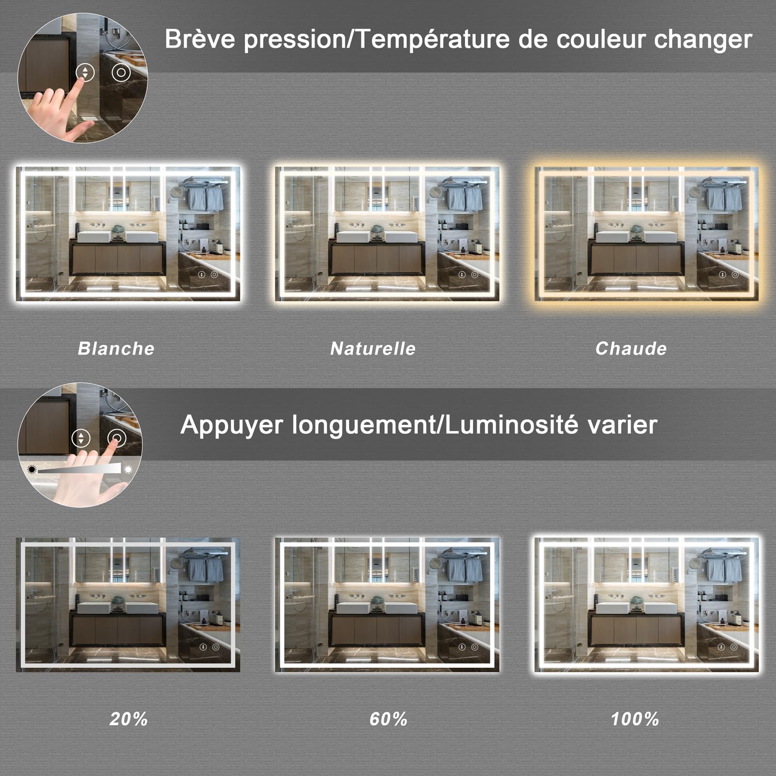 Dripex Miroir de Salle de Bain avec Éclairage 60x80cm, 30Watts Miroir LED Anti-buée, 3 Couleurs et Dimmable, Interrupteur Tactile, Antidéflagrant, Fonction Mémoire, IP44 Étanchéité