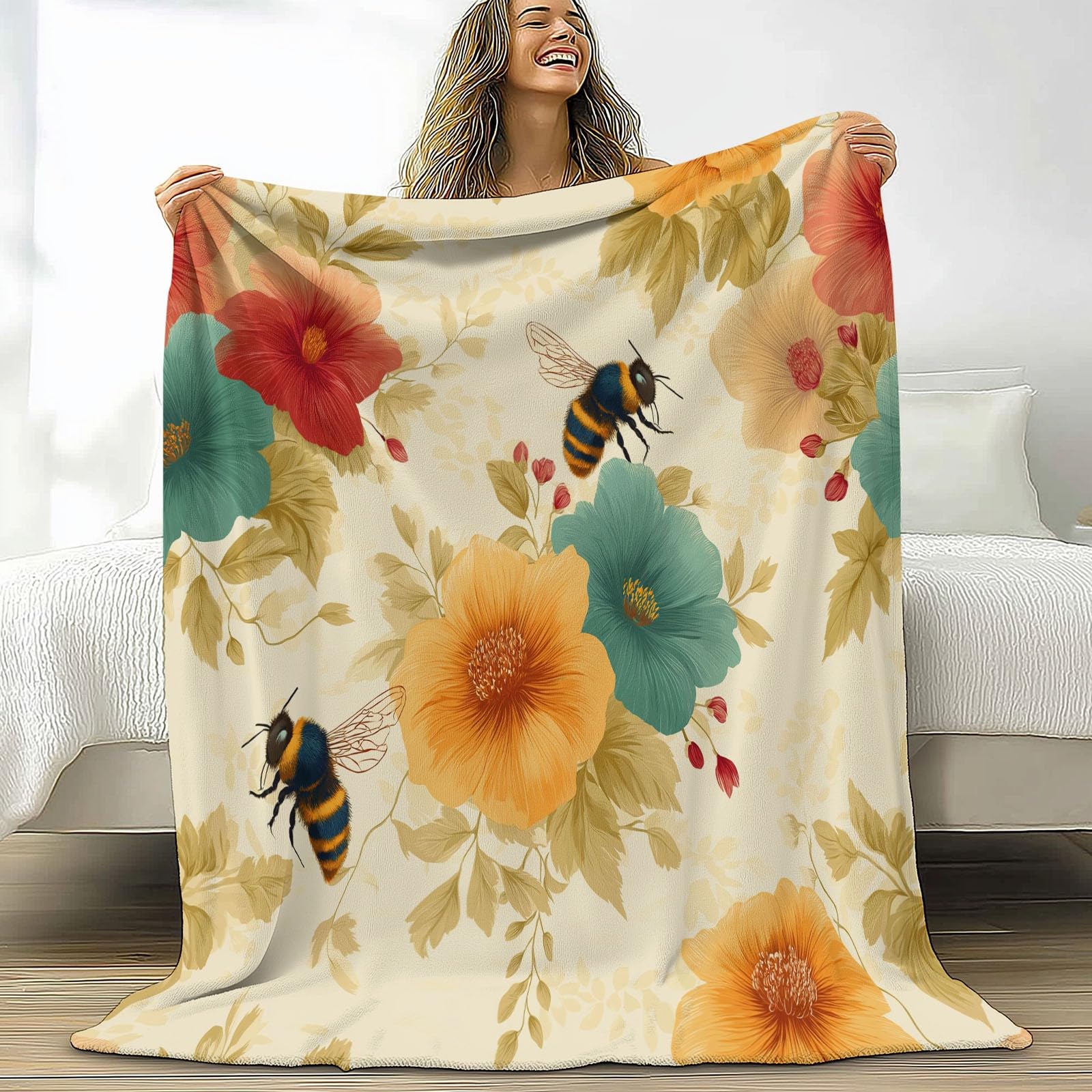 Jeté de canapé 180x220 cm de flanelle beige souvenir d'enfance plaid abeille douceur bien-être