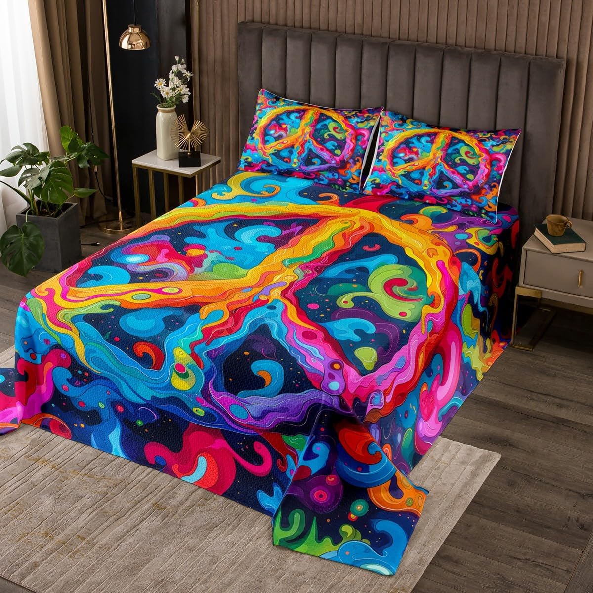 Erosebridal Tie Dye Bedspread Set Colorful Peace Sign Quilt Set Hippie Graffiti Colored Coverlet Queen for Adults Teens Kids Boys Bedroom,3D Bohemian Design Bedspread