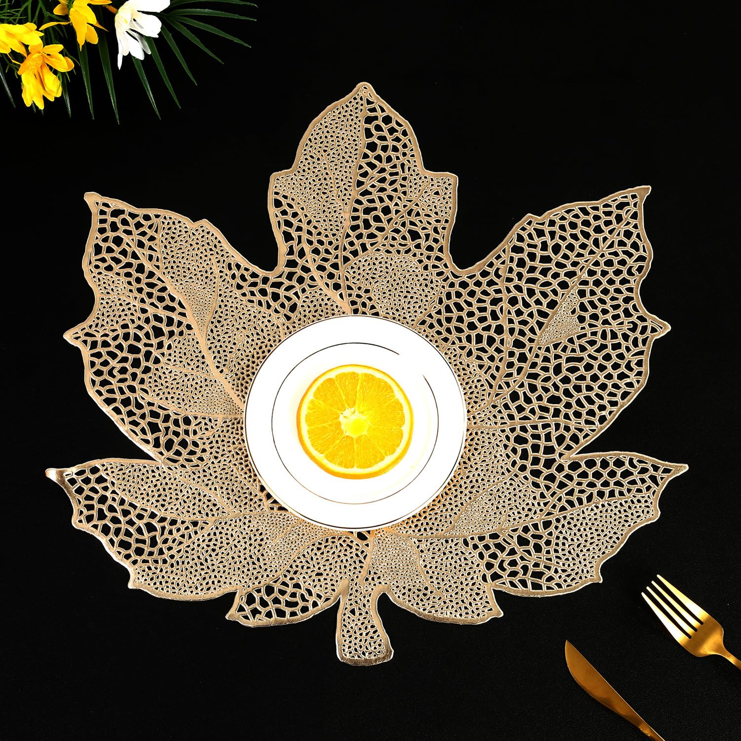 Hosoncovy Gold 4 Pack Pvc Maple Leaf Waterproof Oilproof Table Decorative Placemats Set Of 4 For Home Table Wedding Party (Gold)