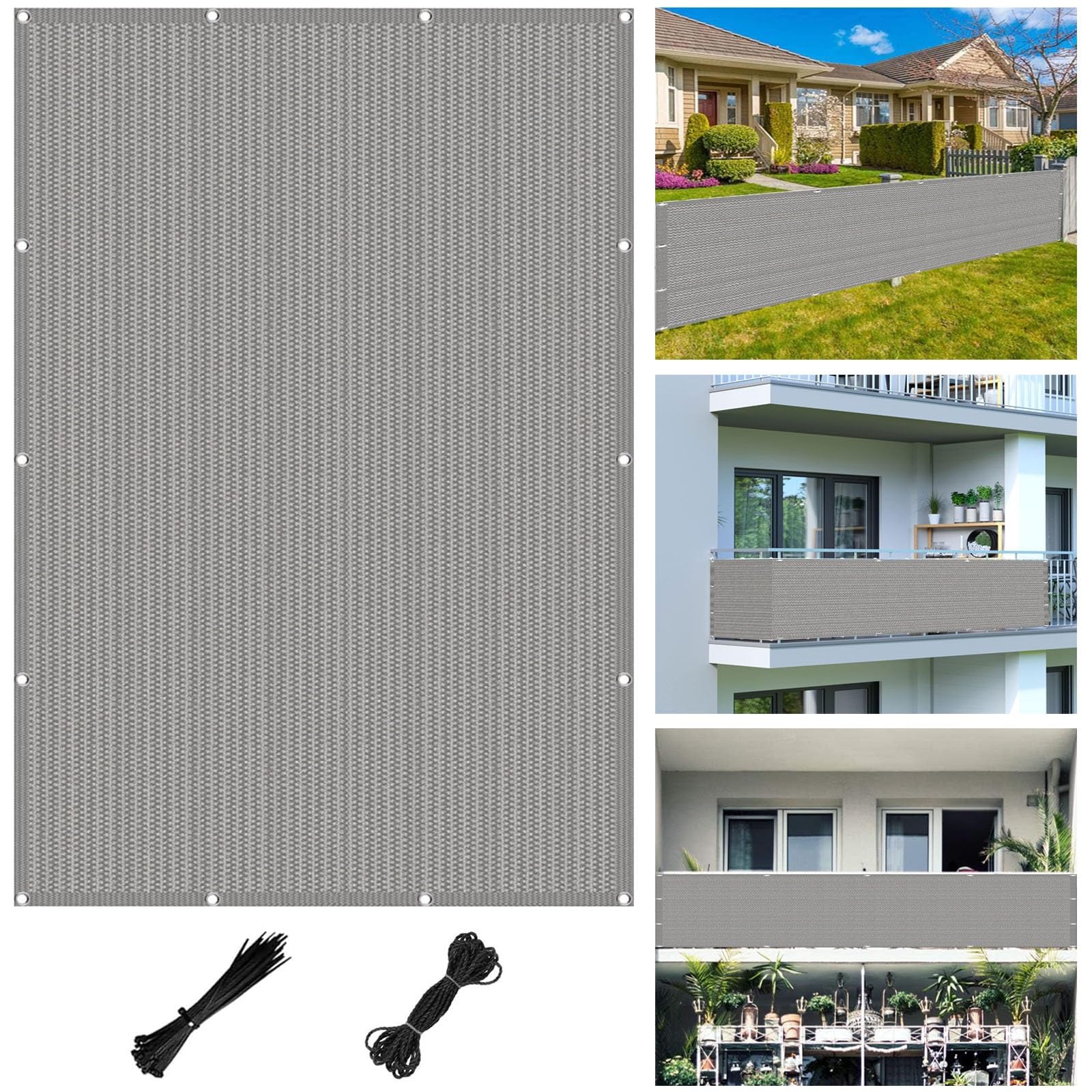 Garden Balcony Privacy Screen Cover 86 x 762 cm(34 x 300inch) HDPE Sun, Wind Screening, Breathable, Ventilation with Cable Ties Fence Screen for Balcony, for Balcony, Light Grey