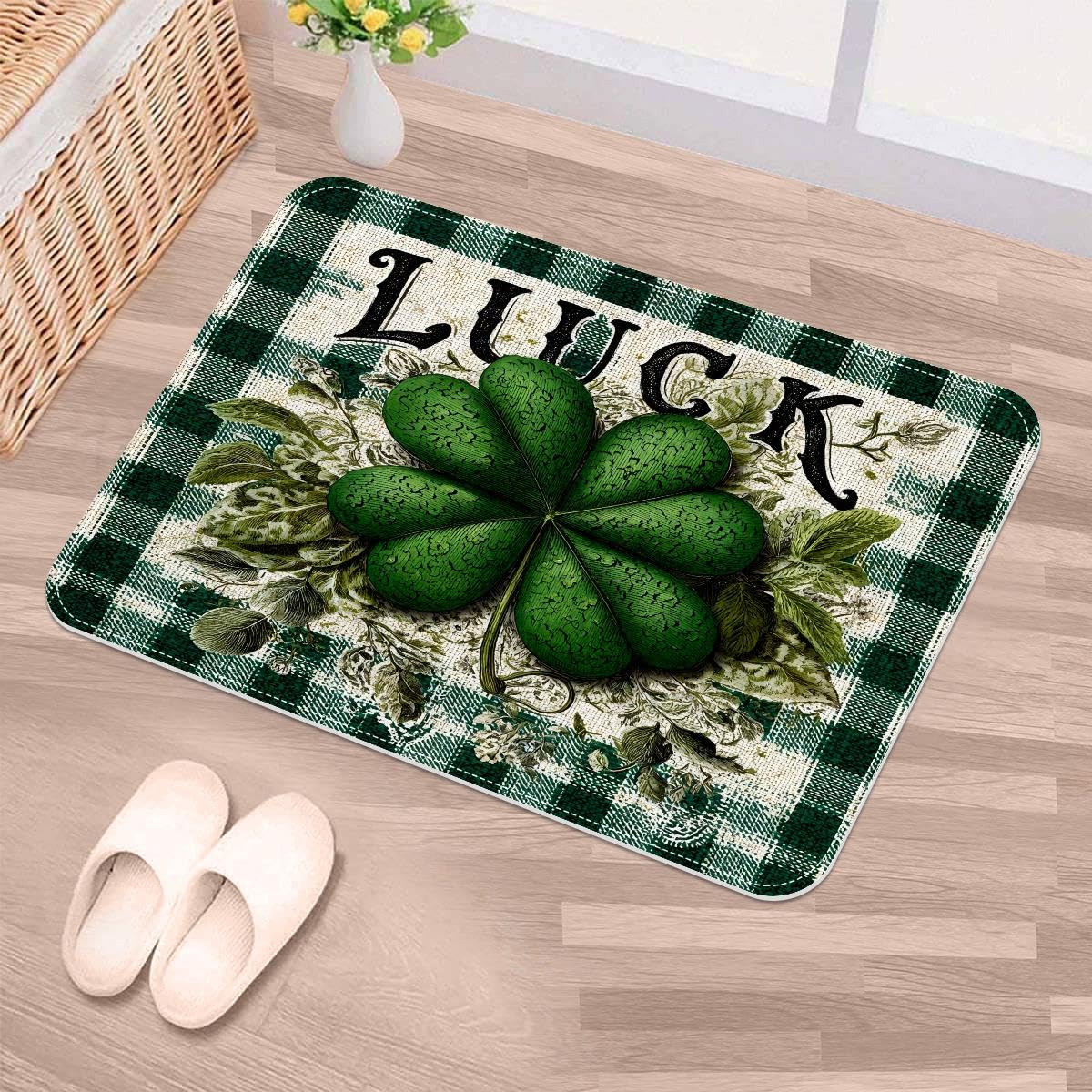 Tapete para puerta de perro Clovers verde de 50 x 80 cm, alfombra de entrada antideslizante