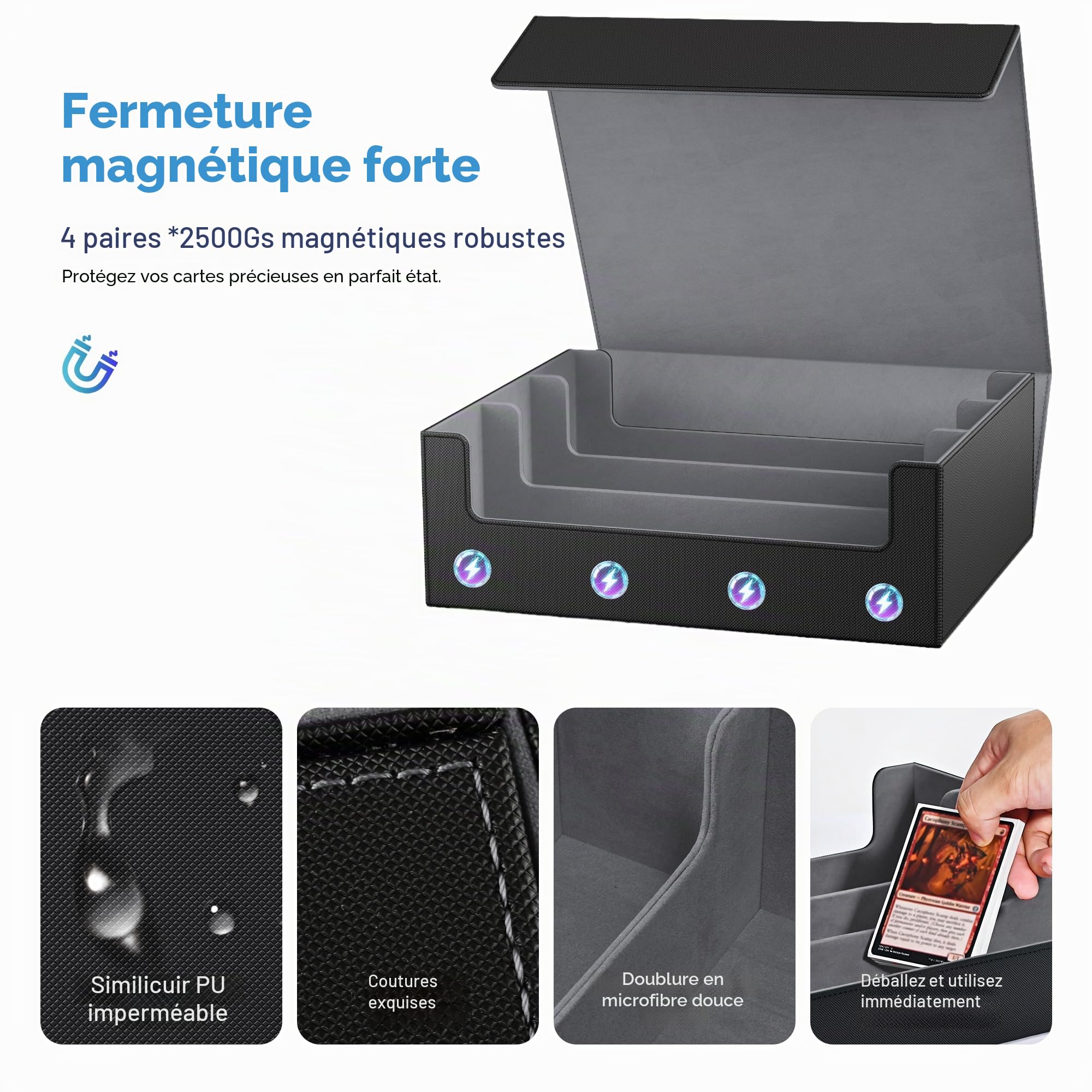 UAONO Coffret de rangement pour cartes | 1800 cartes protégées, fermeture magnétique cuir PU, 10 séparateurs & 3 butoirs pour MTG, PTCG, YGO, sports(Noir)