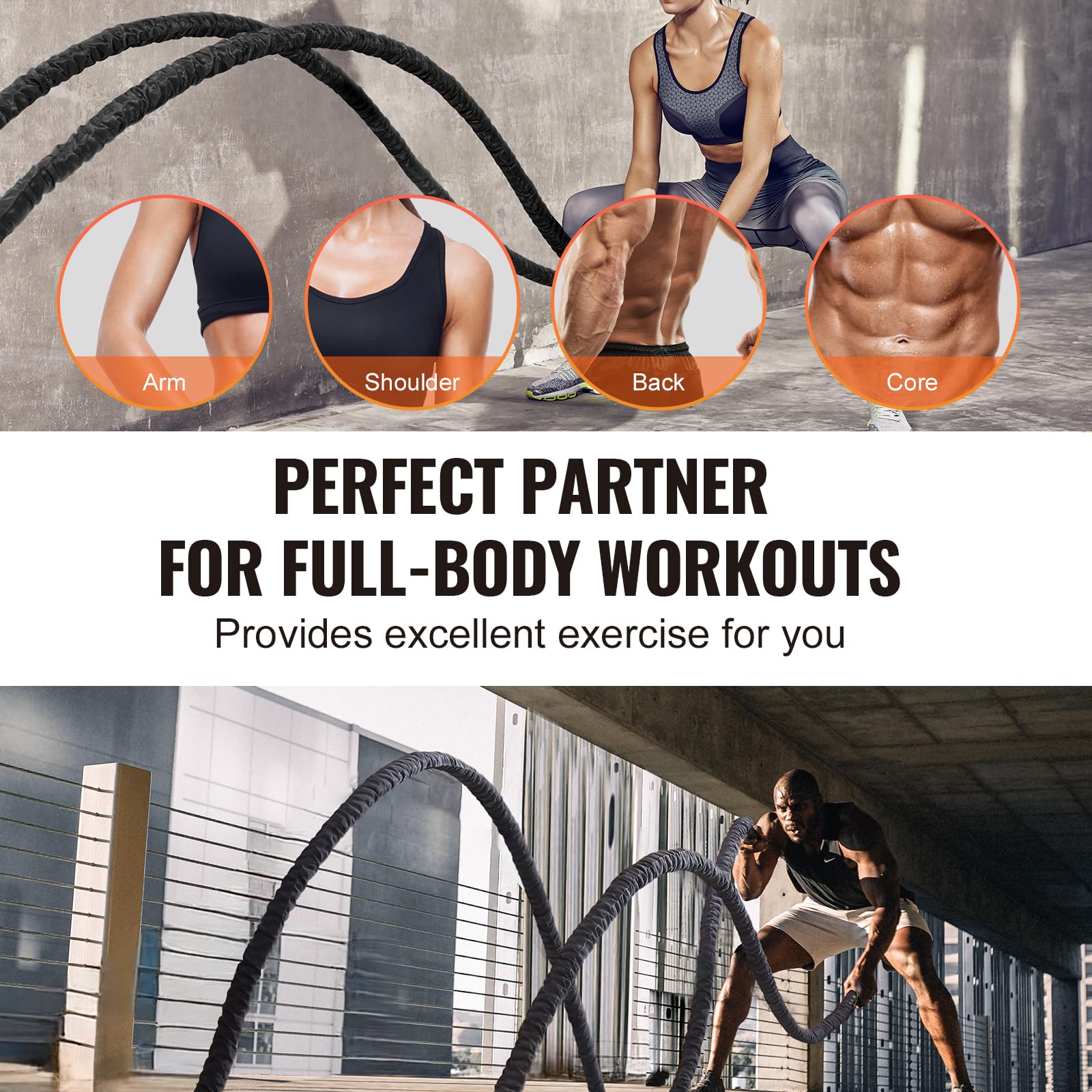 VEVOR Corde de combat, 38 mm, corde d'entraînement en polyester, 9,1 m, équipement d'exercice lourd avec manchon de protection et ancre, pour entraînement de force de base, la salle de gym à domicile