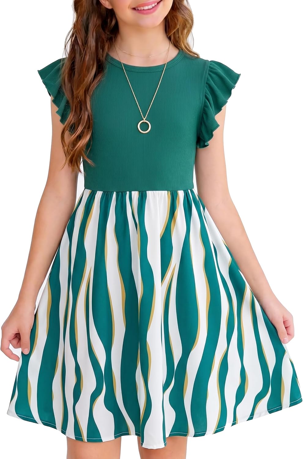 NEW 6-14 Years Girls Dress Flutter Sleeve Ribbed Knit Floral A-Line Casual Party Vacation School Summer Sundress