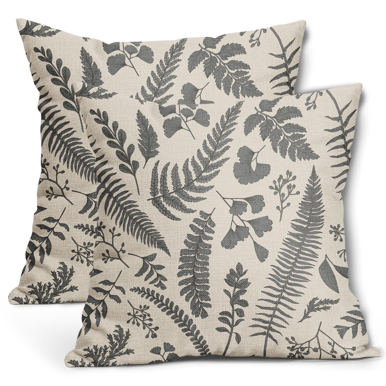 Gray Leaf Plant Pillow Covers 16X16 Inch Set of 2 Grey Tropical Fern Herbs Botanical Leaves Floral Decorative Pillow Cases Vintage Cushion Case