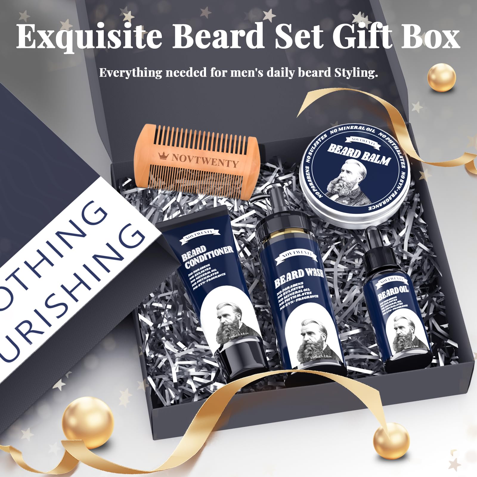 Mobiuty Ensemble de soins de barbe pour homme avec ingrédients naturels avec lavage à barbe, huile à barbe, baume à barbe et peigne à barbe, coffret cadeau pour petit ami, mari, père