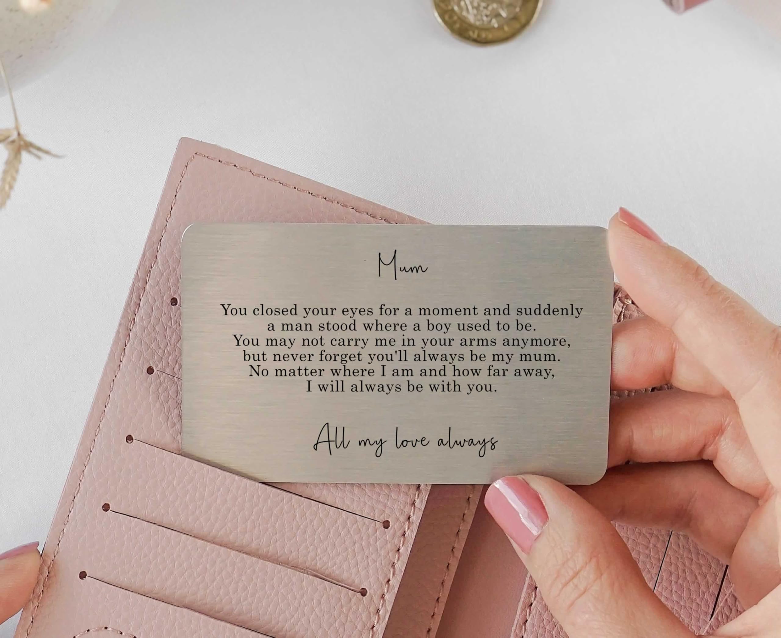 Sentimental Metal Wallet Card for Mum with Envelope, Silver (With Gift Box, From Son No Heart Cut Out)