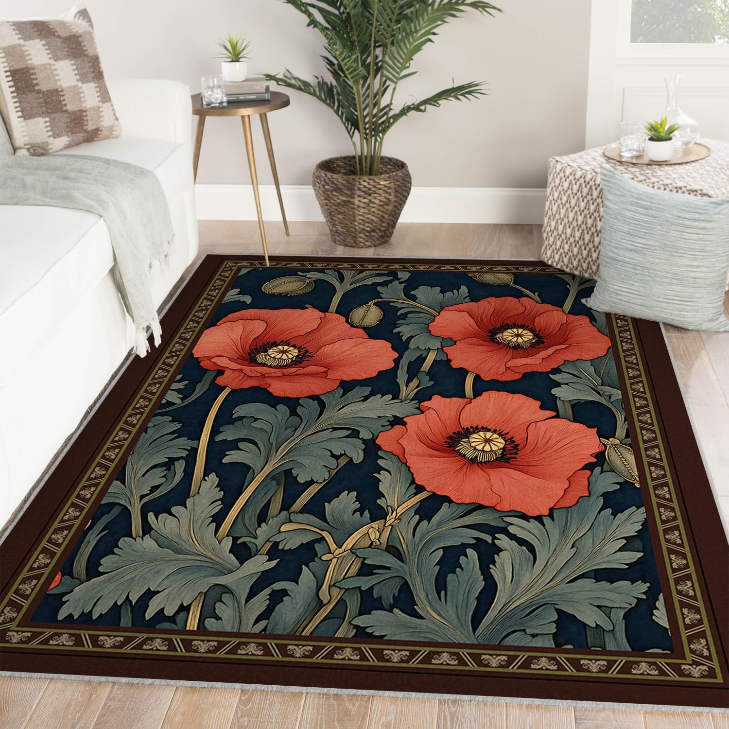 Tapis d'entrée lavable 180x270 cm rouge fleuri antidérapant vintage pour salon et chambre