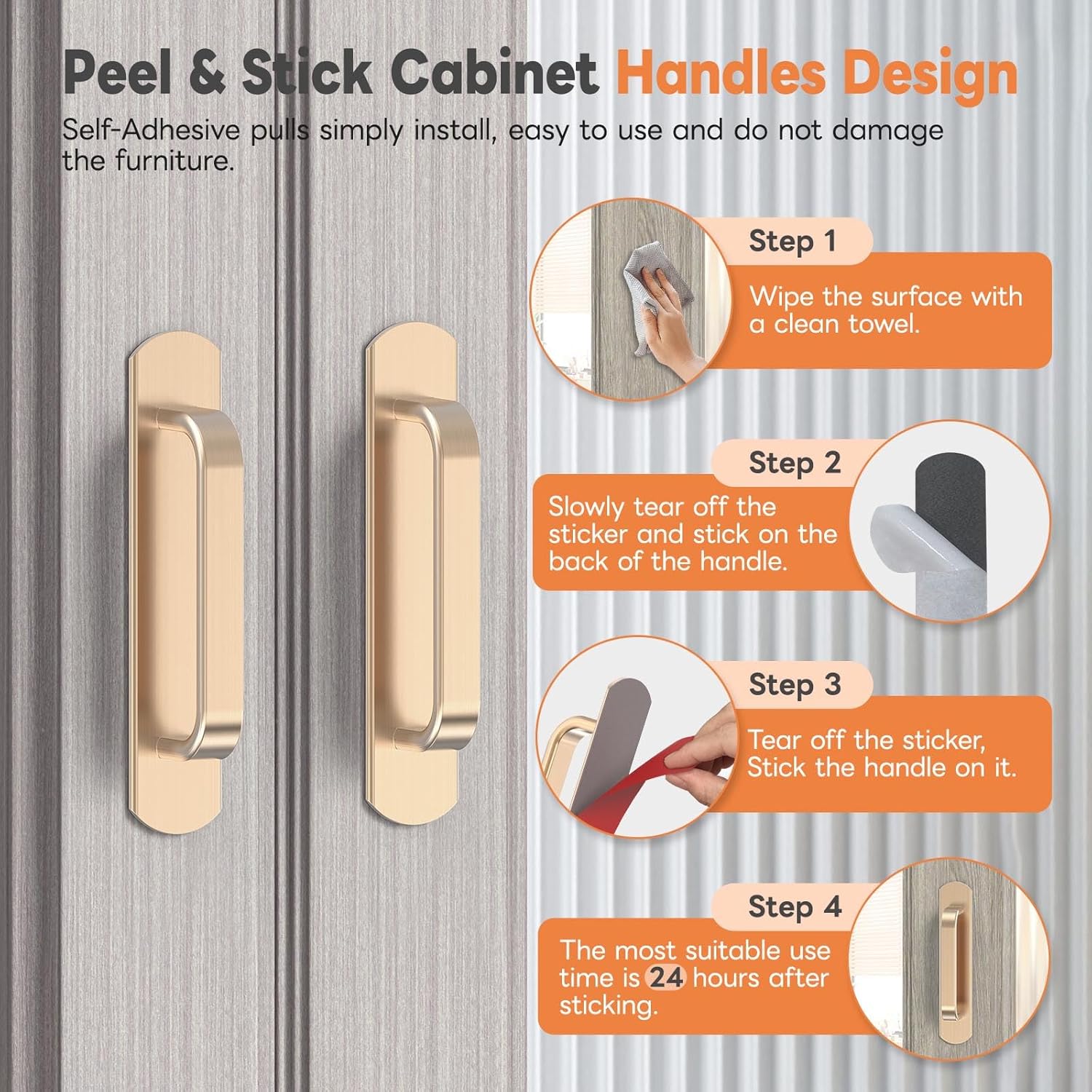 8 Pack 5.7 Inch Adhesive Cabinet Handles - No Drill Stick on Door Push Pulls for Closet, Drawer, Fridge - Peel & Stick Sliding Door Handles with Strong Adhesive & Secure Grip (8, Gold)