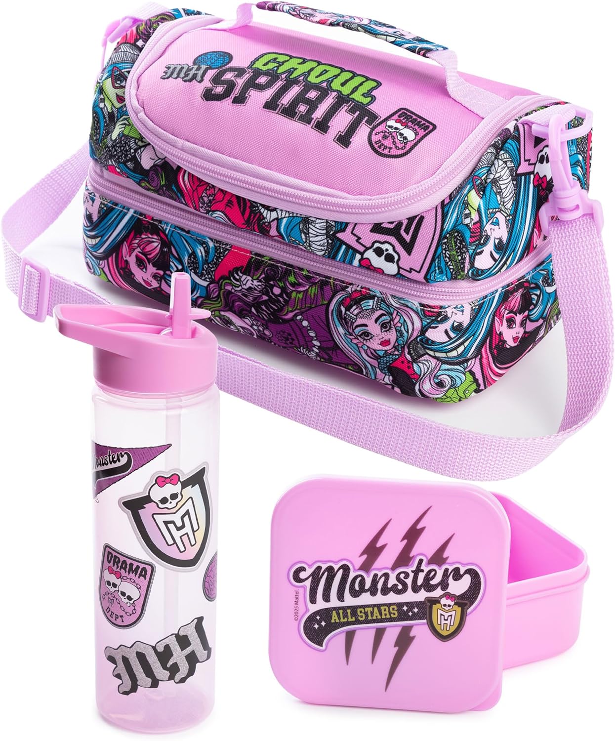 Monster High Girls Pink Ghoul Spirit Lunch Bag | Colourful Snack Pot & Bottle Set | Adjustable Strap & Carry Handle