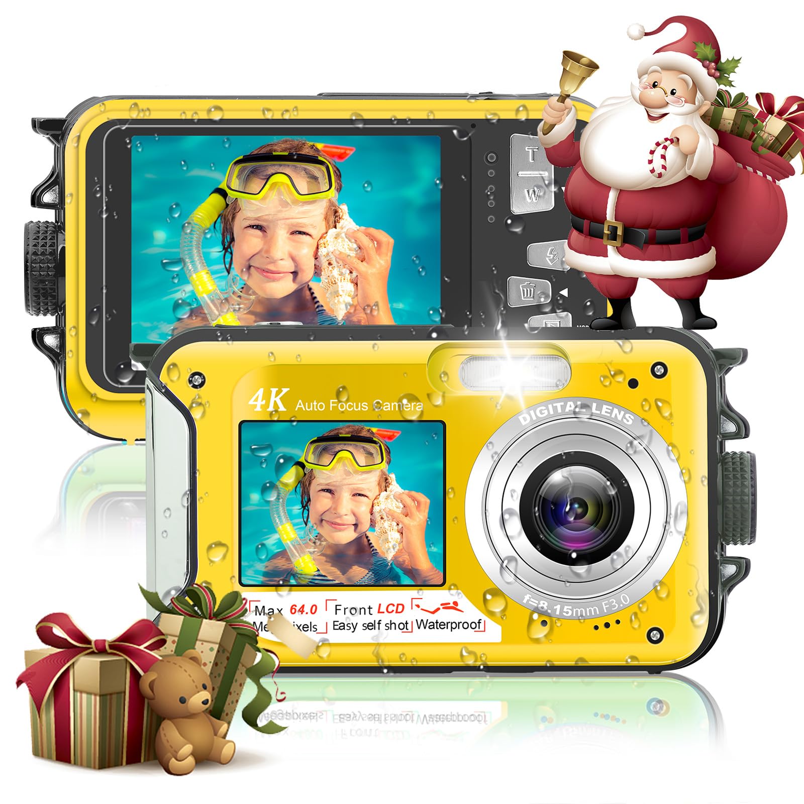 4K 64MP Underwater Camera 16FT Compact Digital Waterproof Camera Floatable