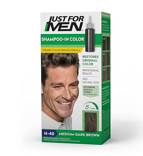 Just For Men Tinte para el cabello con champú para hombre con vitamina E para cabello más fuerte marrón medio oscuro H-40 1 paquete fórmula original