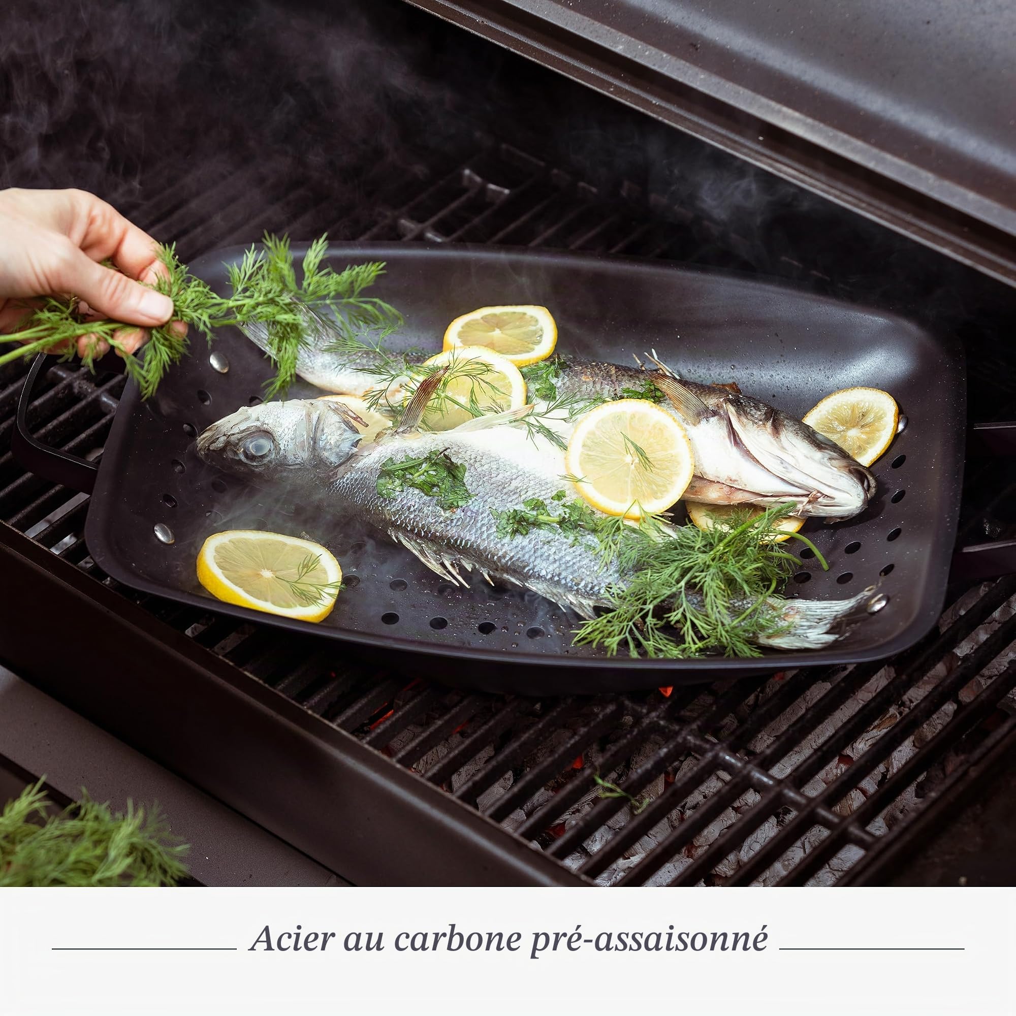 Merten & Storck Carbon Steel BBQ Plaque à Griller Plancha Perforée en Fonte, 28,7cm x 48,8cm, Perforations pour Évacuation d’Huile et Gras, Barbecue, Camping, Grillades, Cuisson en Plein Air, Noir