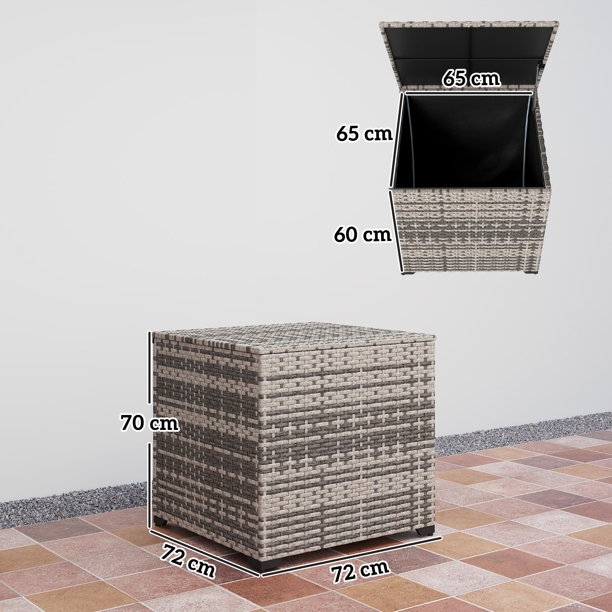 Outsunny 253L Garden Storage Box, Rattan Deck Box with Waterproof Zipped Liner, Safe Pneumatic Rod, Patio Rattan Storage Container for Backyard Gardening Tools, Mixed Grey — view 7