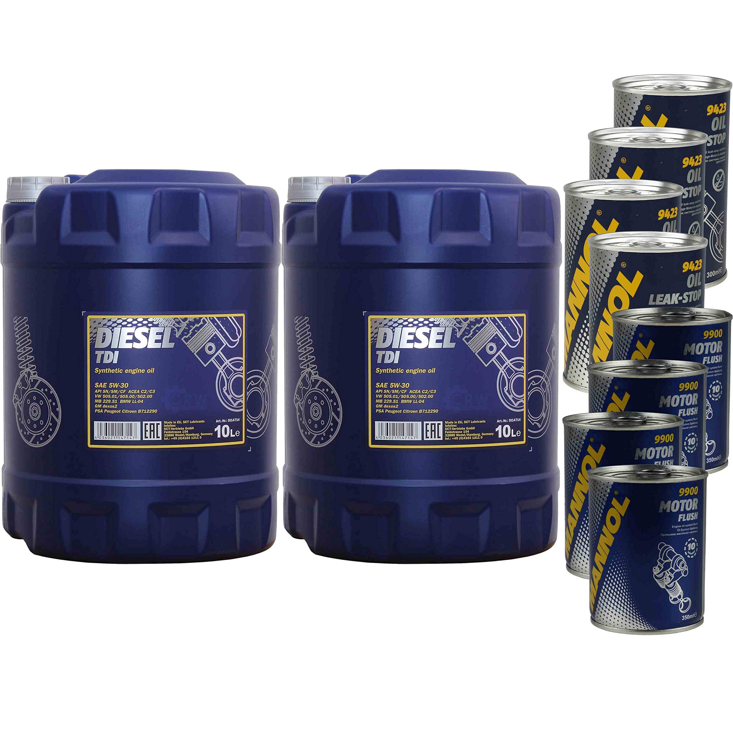 20L d'huile moteur MANNOL Diesel TDI 5W-30 4x MANNOL Leak-Stop ADDITIF+Nettoyant moteur
