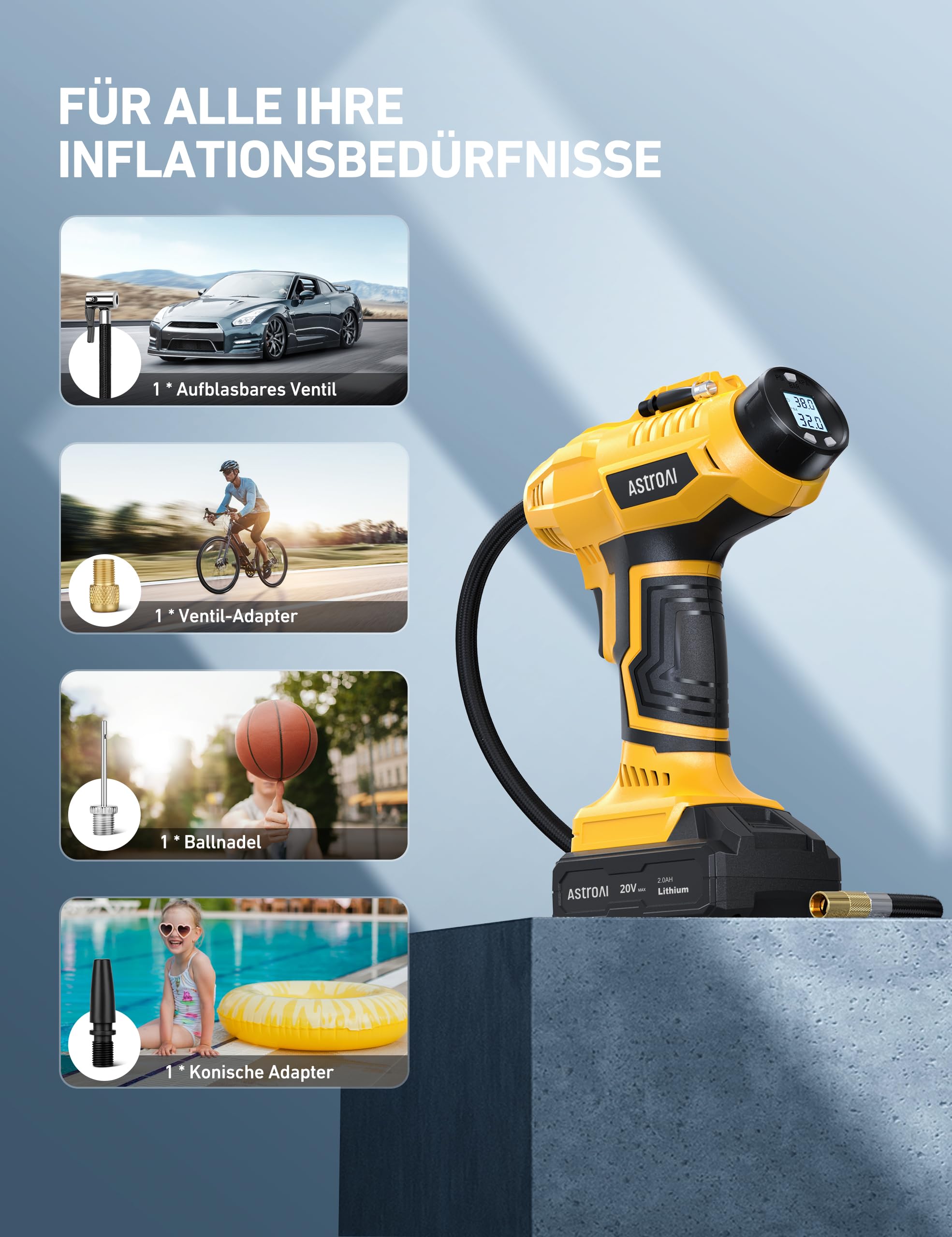 AstroAI Akku Kompressor, 160PSI Luftkompressor Auto mit 20V Akku & 12V DC | Akku Luftpumpe Auto mit Metallzylinder, Auto-Stopp, LCD-Display für Große PKW, SUV, MPV, Motorräder und Fahrräder