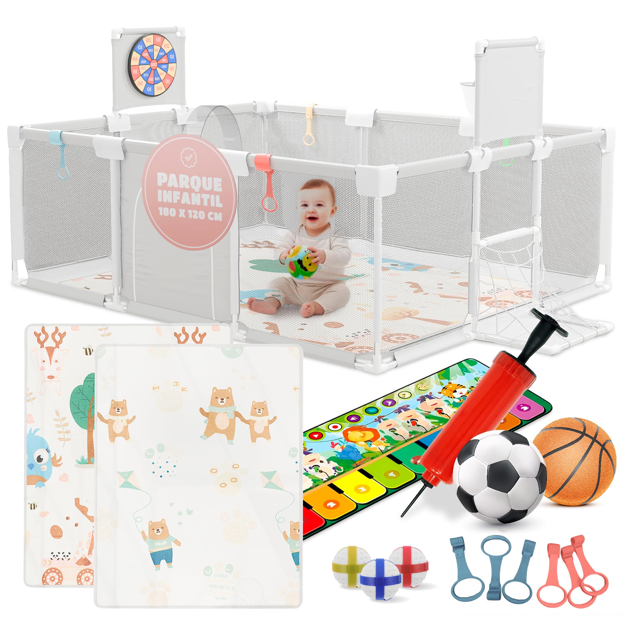 Parque Infantil Bebe 120x180cm - Corralito Bebe Acolchado - Equipado con alfombra musical, Diana de Velcro, Canasta, Portería y más accesorios - Parque para Bebes Seguro - Ver video para el montaje