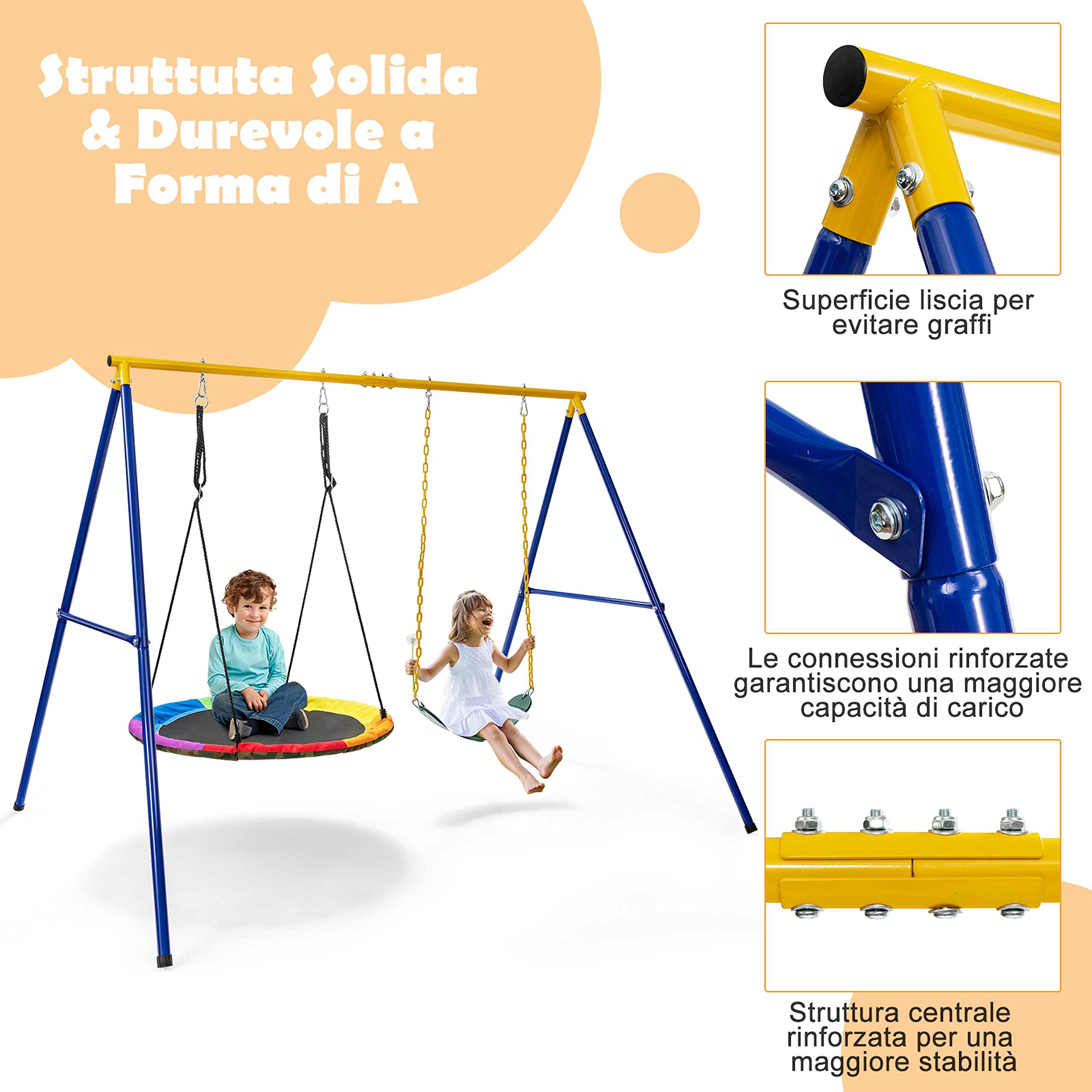 COSTWAY Set Altalena da Giardino per Bambini, Struttura di Metallo ad A con 1 Sedile in EVA Morbido e 1 Altalena Nido, Capacità 300 kg, Ideale per Giardino Parco Giochi (Giallo+Blu, Altalena+Supporto)