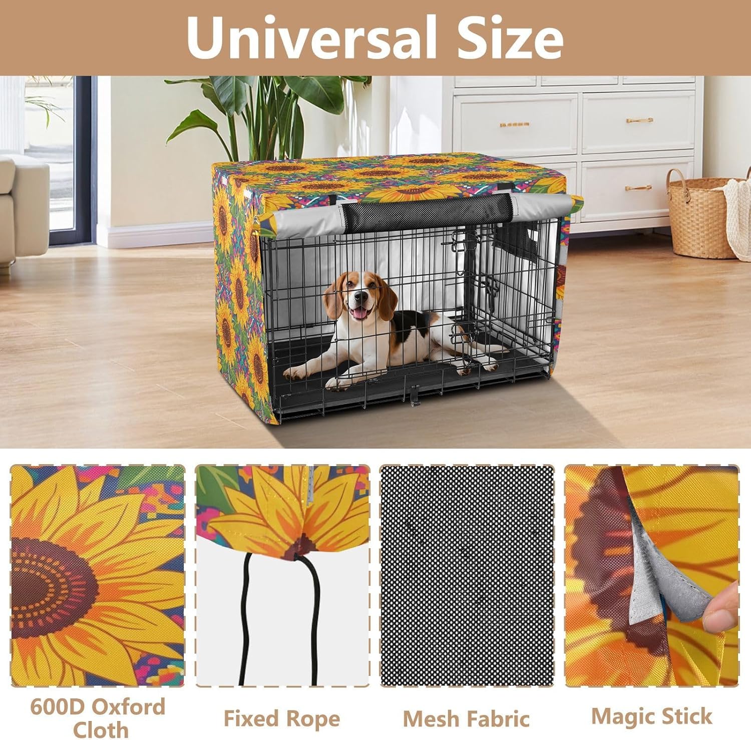 Vibrant Sunflowers Dog Crate Cover 600D Oxford Pet Kennel Cover with Mesh Window for Dog Cages, Windproof Waterproof Machine Washable, 42"x28"x30"