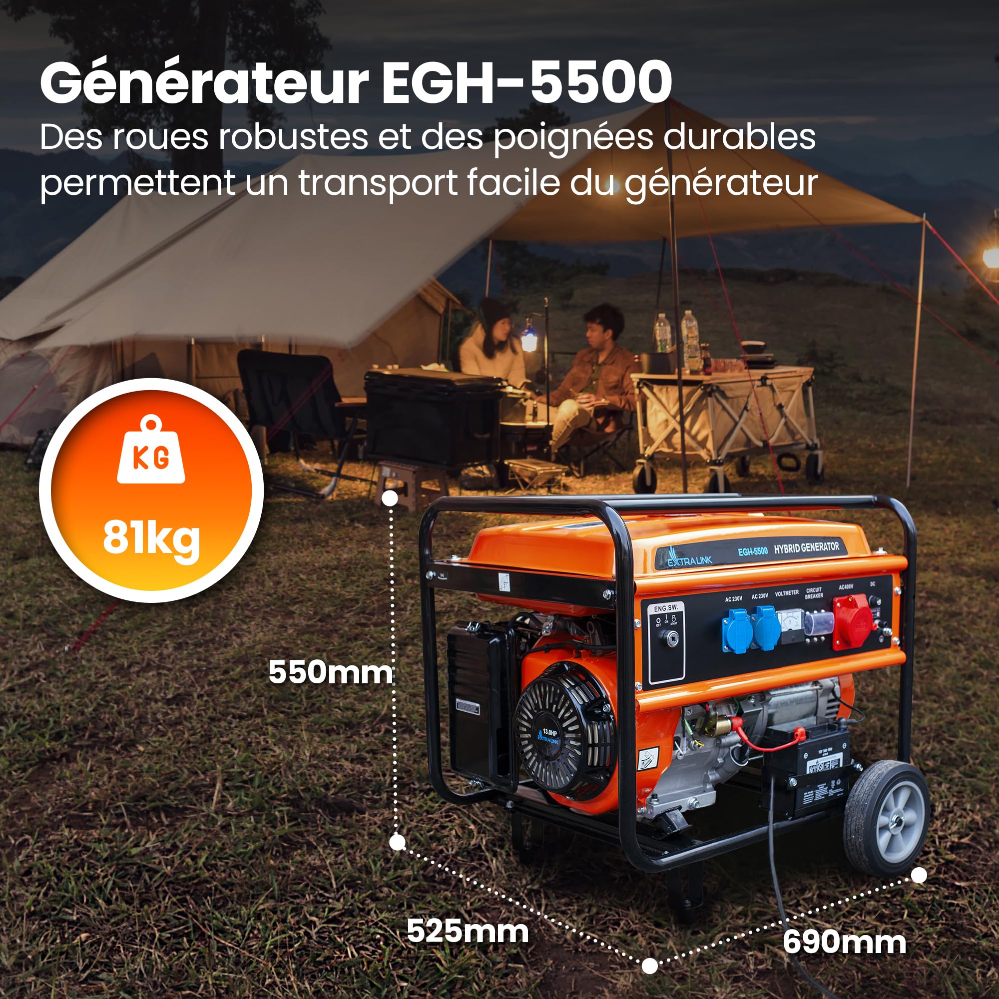 Extralink Groupe électrogène 5500W Essence/GPL | Moteur 188F-M, onde sinusoïdale pure, 2×230V & 1×400V, démarrage électrique | mobile et silencieux pour maison et chantier