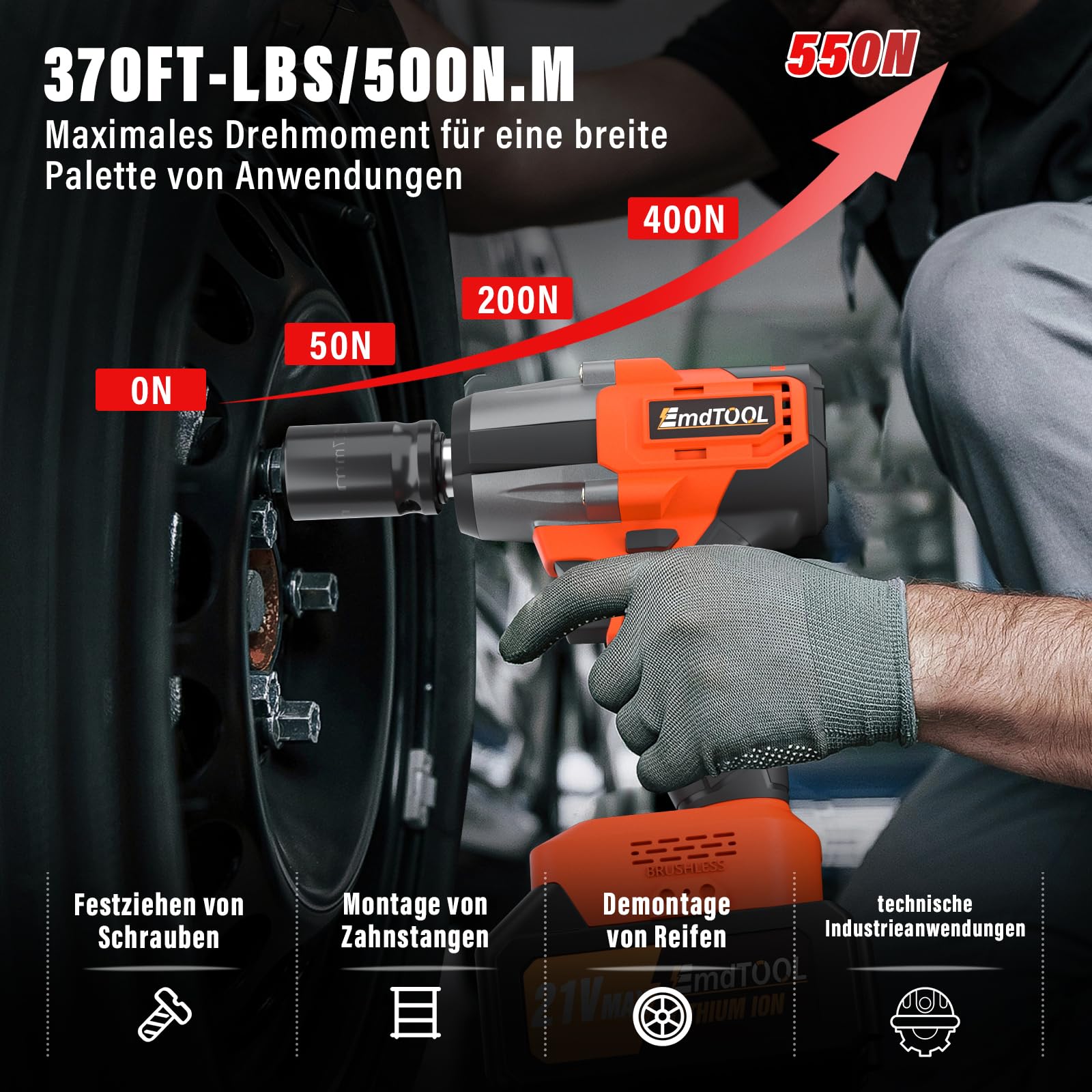1/2 Zoll Akku Schlagschrauber Bürstenloser, 3 in 1 Elektrischer Schraubenschlüssel, 550NM & 3400RPM mit 16 Zubehör Elektro-Schlagschrauber mit Trigger Led Licht, Geeignet für Auto, DIY und Haus