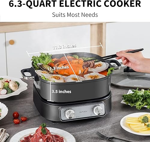 Miniatura 2 de Electric Skillet - Olla antiadherente de 6 cuartos de galón, olla de revestimiento de cerámica sin PFOA, 1600 W, temporizador y 3 ajustes de