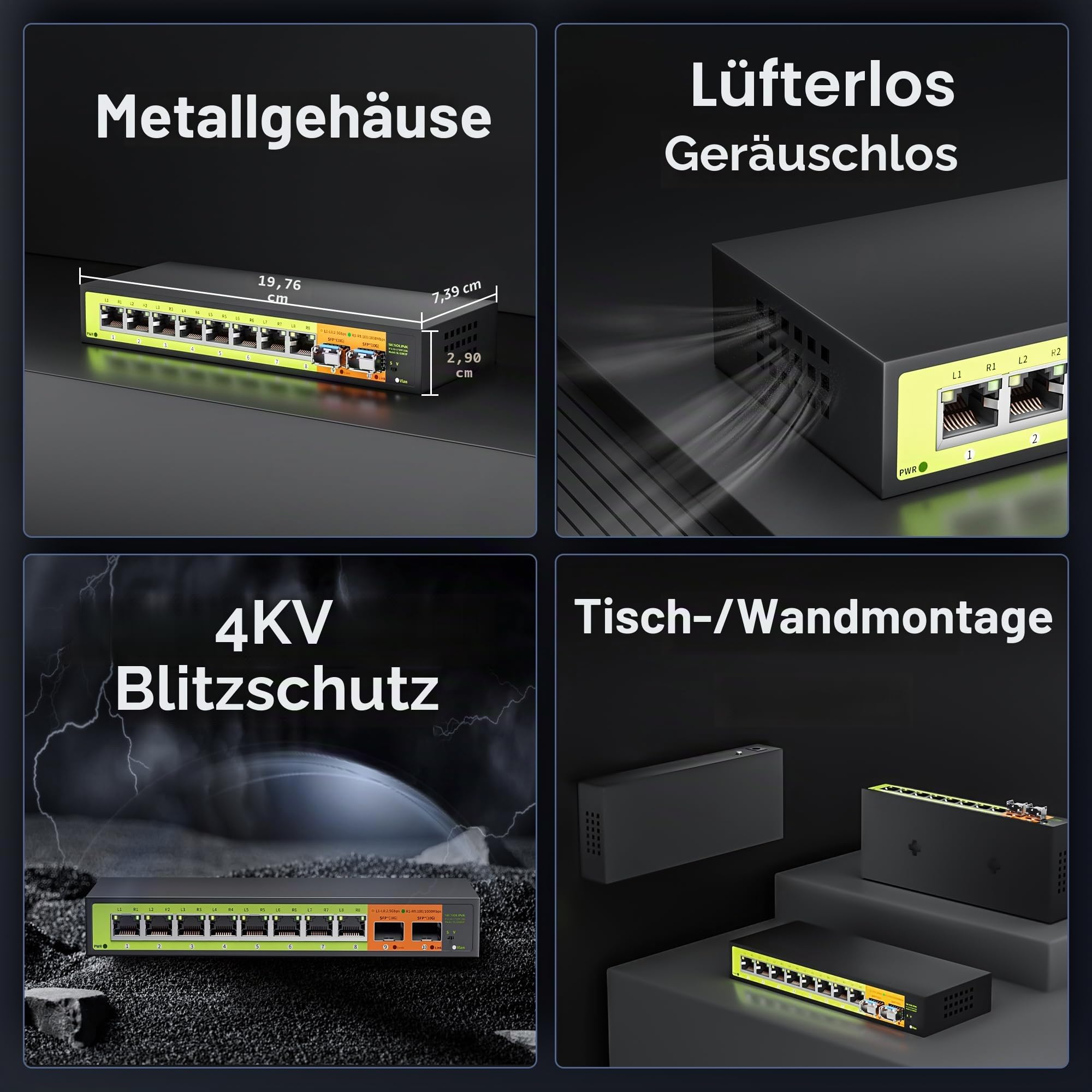 10 Port 2.5G SFP+ Ethernet Switch mit 8×2.5G RJ45 + 2×10G SFP+ Uplink, Unmanaged Multi-Gigabit Netzwerk-Switch, lüfterloses Metallgehäuse, VLAN-Modus, Plug & Play für NAS, Gaming, Home Office