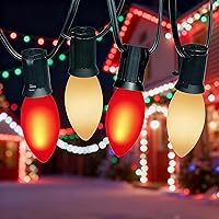 Vista 10 de Luces de Navidad C9 multicolor, 7.62 metros de cadena de luces transparentes multicolor con 26 bombillas de vidrio transparente (1 de repuesto)