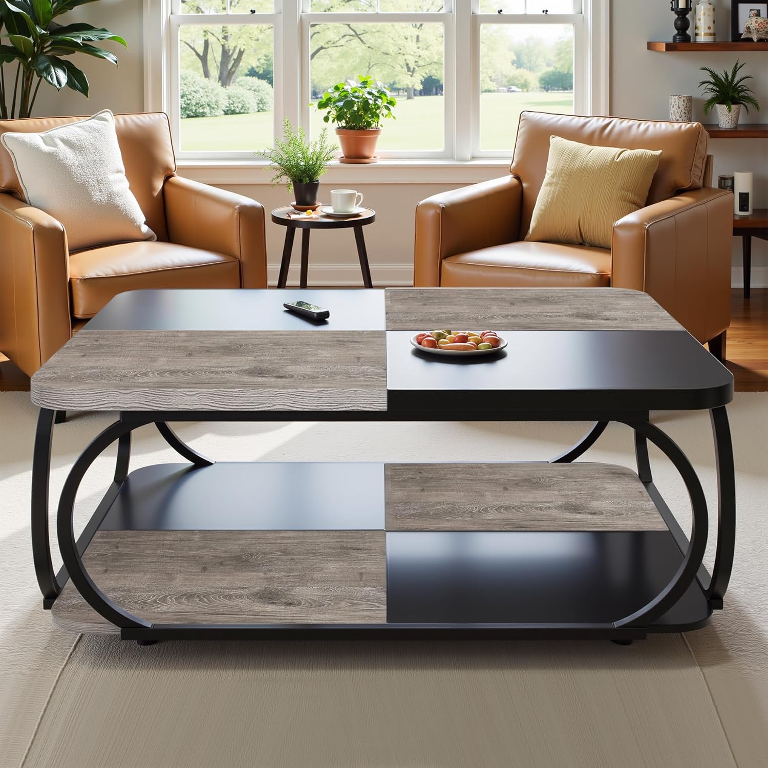 2-tier coffee table with storage shelf, 39" small square coffee table modern wooden and metal accent center sofa side tables for living room, gray & black gray & black 39 inch square
